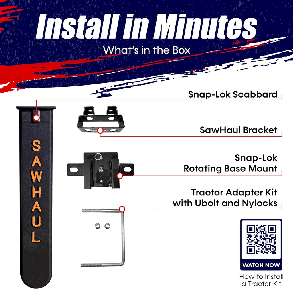 SawHaul Snap-Lok Universal Chainsaw Carrier Kit for Tractors and Skid Steers – 28 Inch Orange Scabbard with Rotating Mount – Compatible with All Chainsaw Brands – Made in USA