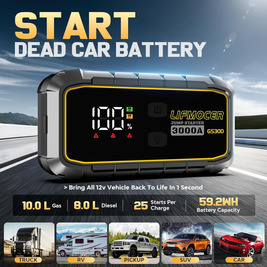 GS300 Jump Starter - 3000A Car Battery Jump Starter for Up to 10.0L Gas and 8.0L Diesel Engines, 12V Portable Jump Box with Storage Case USB Quick Charge, and LCD Display