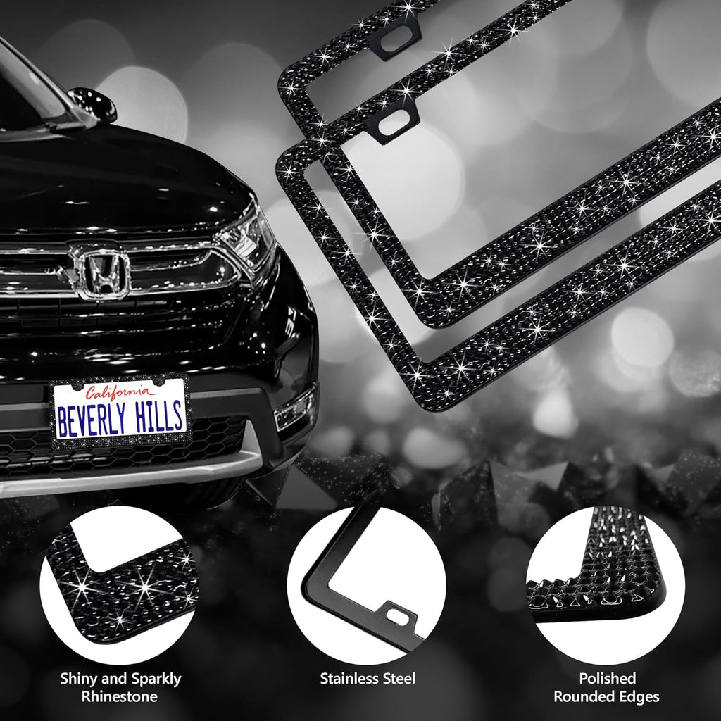 2 Pack Black Bling License Plate Frames for Women - Stainless Steel with Diamond Sparkly Rhinestone License Plate Holders - Perfect Birthday for Auto Lovers