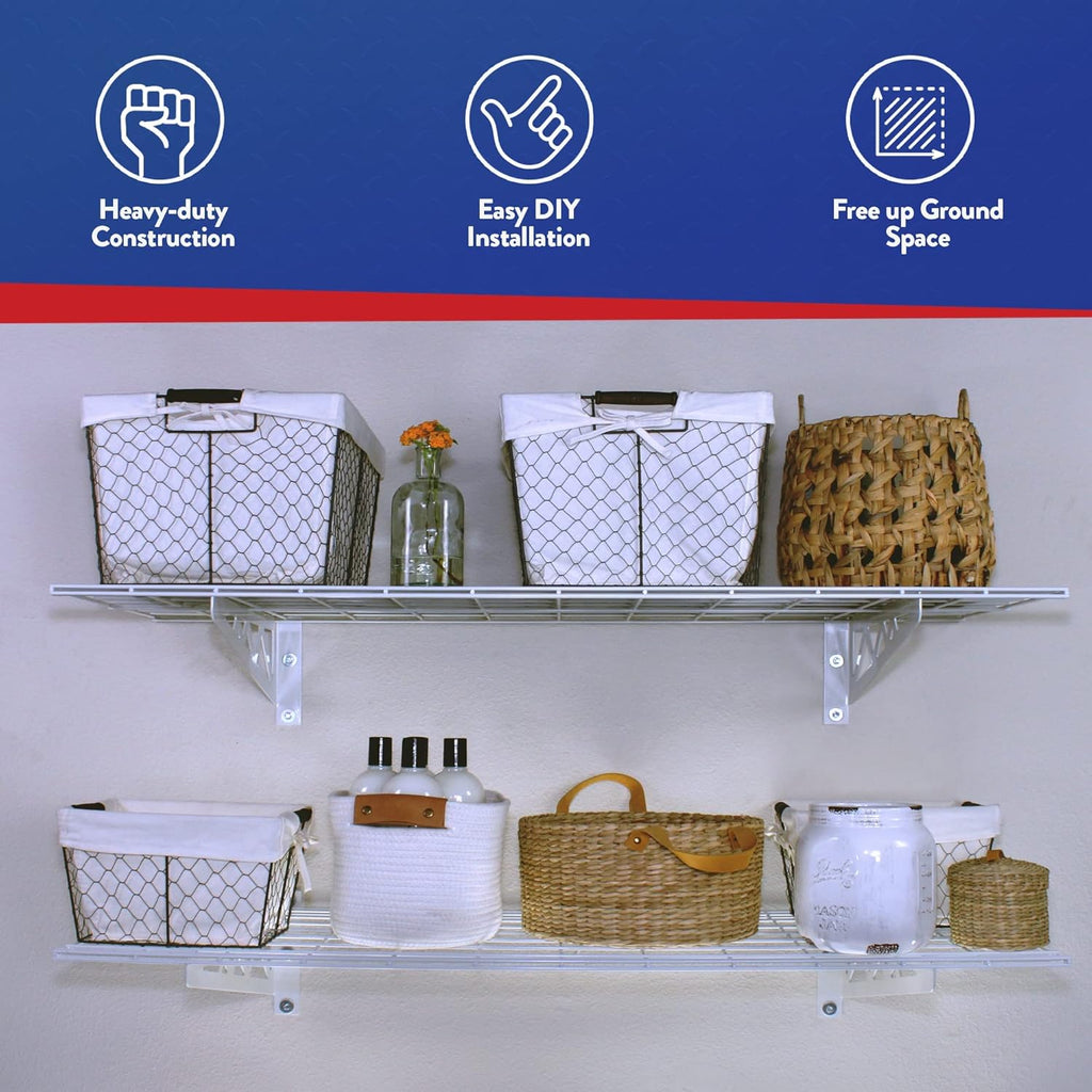 SafeRacks Wall Shelves - 2 Pk 12"x36" Wall Mountable Shelving Unit for Pantry or Utility, Heavy Duty Shelves w/ 4 Accessory Hooks, 300lbs Capacity, White
