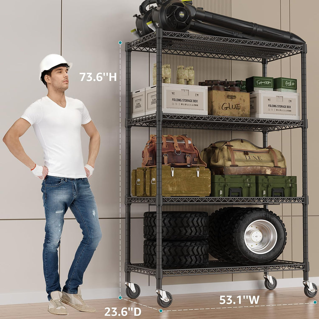 IZEUK Garage Shelving Wide Storage Shelves 4 Tier Metal Shelves Heavy Duty Adjustable Utility Shelf Rack Black 23.6" D x 53.1" W x 73.6" H
