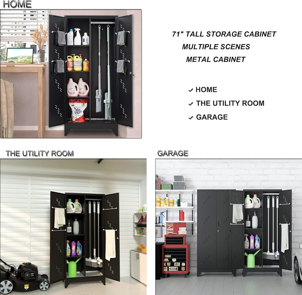 Metal Garage Storage Cabinet,Storage with Doors and Shelves, 71" Tall Garage Cabinet,Home Office with Lock Doors (H71* D16.53*L31.5in)