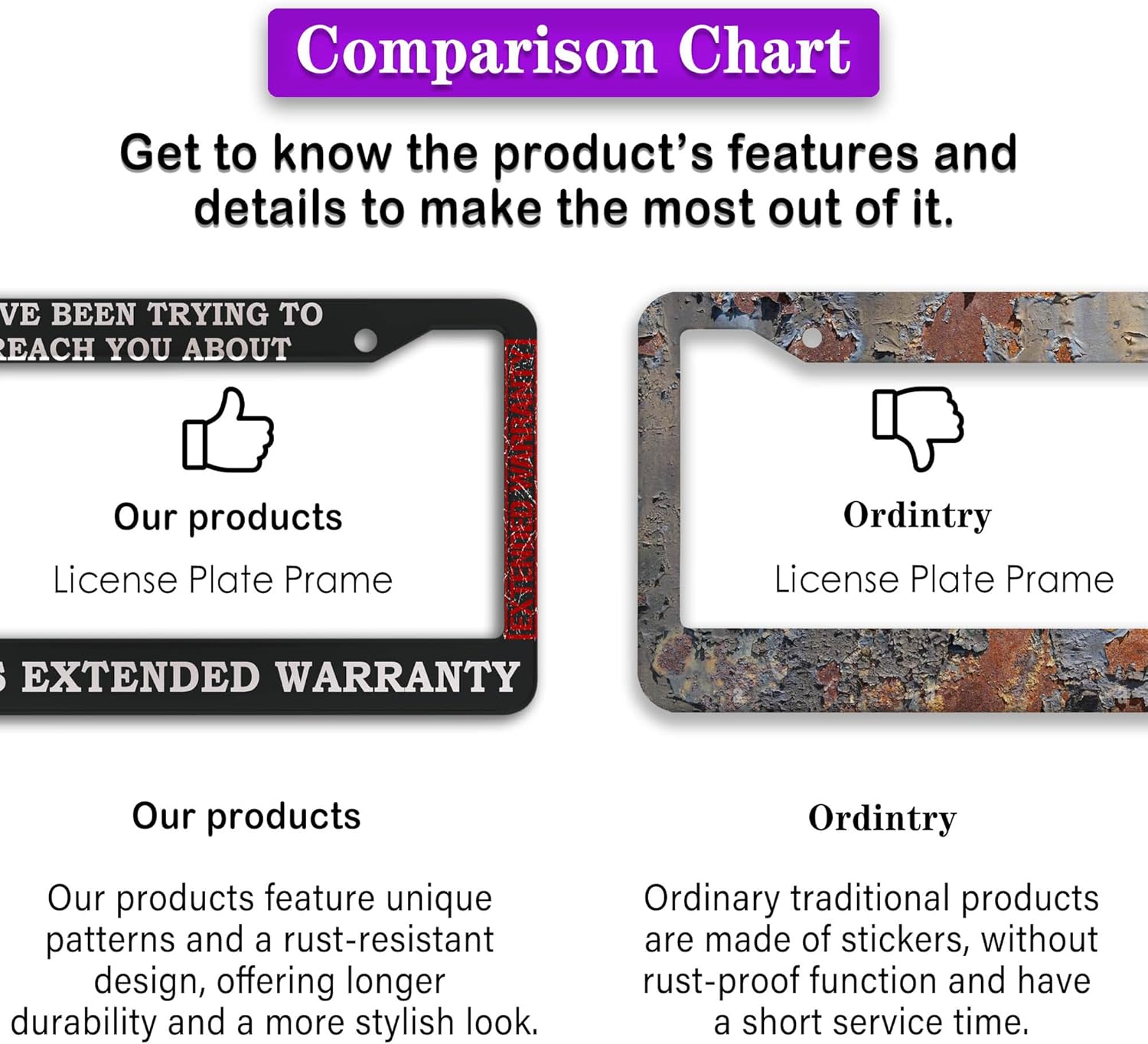 License Plate Frames Black and White License Plate Cover Car’s Extended Warranty Humorous Text Aluminum Metal Car Accessory 2 Pack with Screw Covers Set