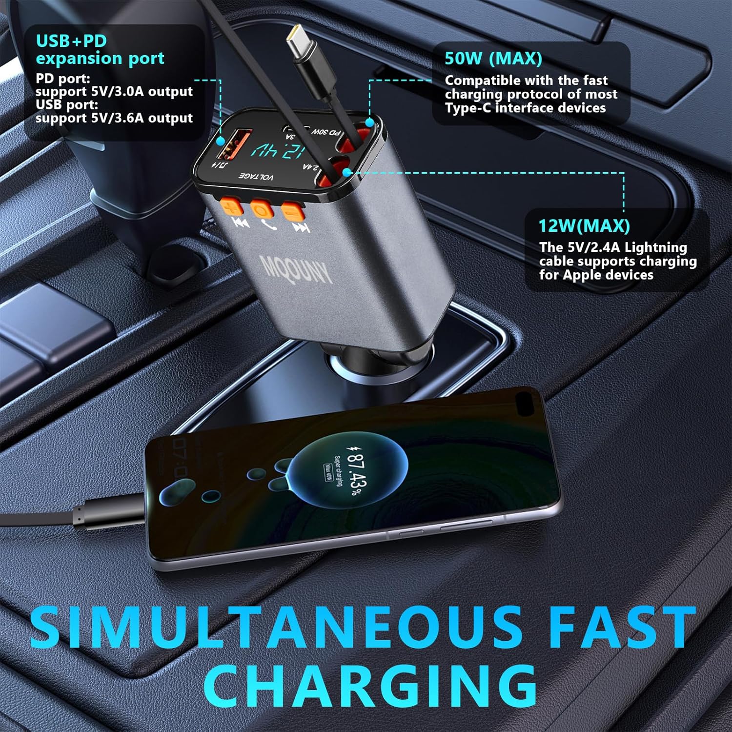 Retractable Car Charger,5 in 1 Fast Cars Phone Charger 60w,Bluetooth 5.3 FM Transmitter Adapter,Handsfree Call,MP3 Player,2 Retractable Cables and USB Chargers, for Phone,Galaxy,Pixel (Black)