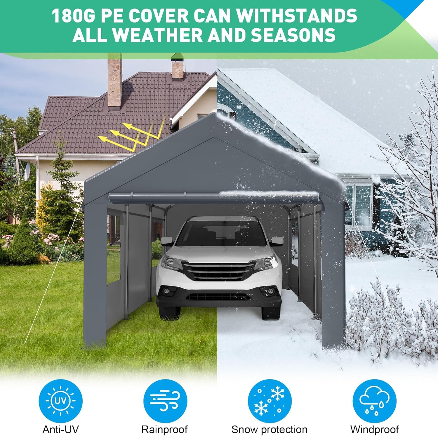 12X20 Ft Heavy Duty Carport Canopy, Portable Garage, Car Tents, Easy to Assemble, Reinforced Structure, with Hanging Edge, Applicable to Car, Bike, Boat, Party (Gray)
