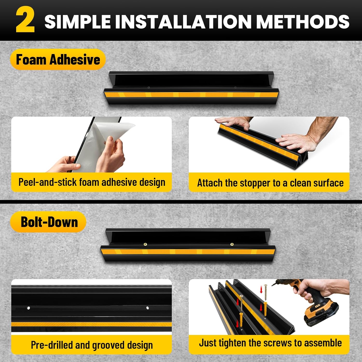 ROBLOCK 18" Parking Stopper for Garage, Car Stopper for Garage Precision Stopping, Heavy Duty Parking Block with Reflective Strips, Suitable for Car, SUV, Easy Install, 2 Packs