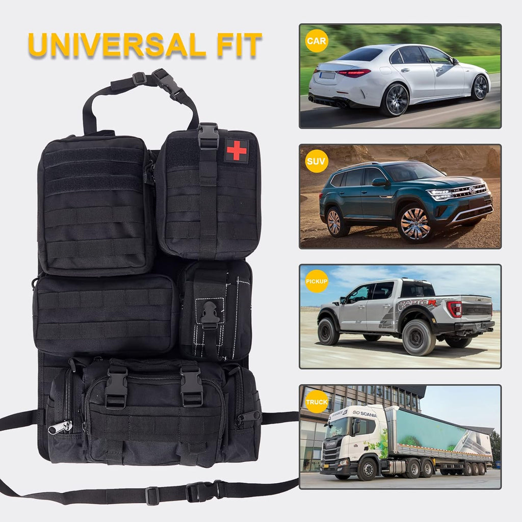 Universal Tactical Seat Back Organizer Vehicle Molle Panel Organizer Storage Bag with 5 Detachable Molle Pouch for All Vehicel Such as Jeep,Truck,SUV, Car, Ford,Chevy etc