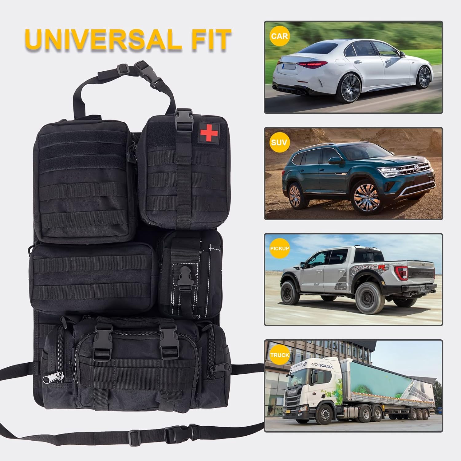 Universal Tactical Seat Back Organizer Vehicle Molle Panel Organizer Storage Bag with 5 Detachable Molle Pouch for All Vehicel Such as Jeep,Truck,SUV, Car, Ford,Chevy etc