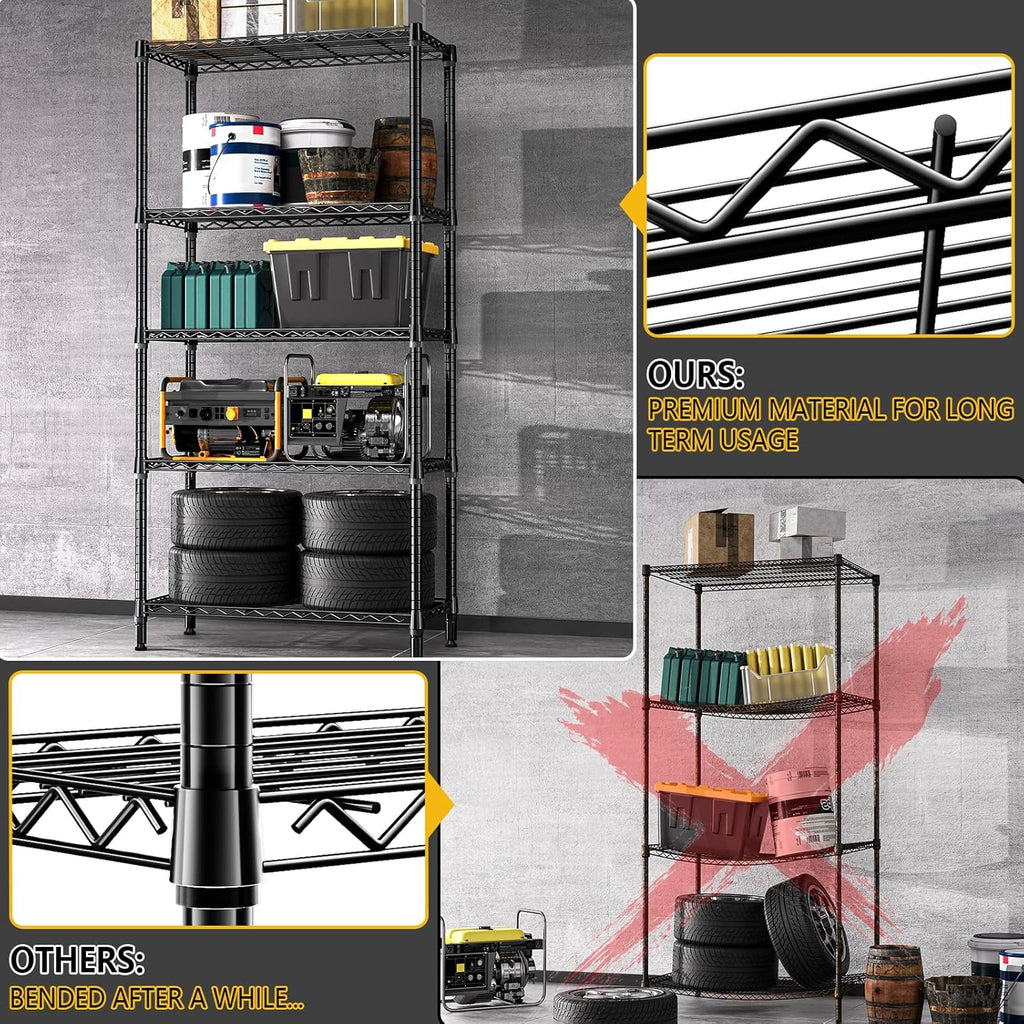 1250 lbs 5 Tier Shelf Metal Storage Shelves Shelving Wire Rack Heavy Duty Closet Organizers for Garage Kitchen Bathroom Laundry Black 13.8" D x 35.4" W x 68.5" H