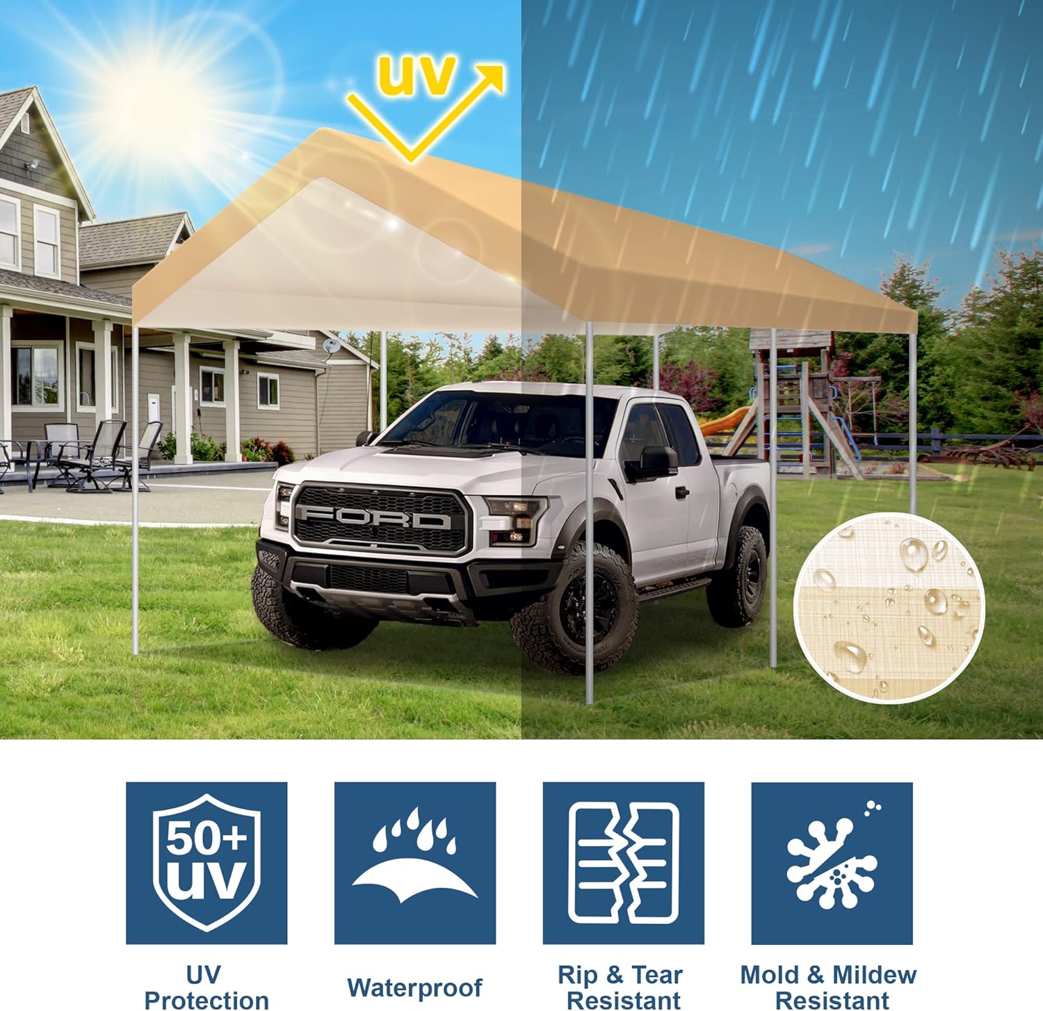 10'x20' Upgraded Carport Replacement Top Canopy Cover Beige for Car Garage Top Tarp Shelter Waterproof & UV Protected w/Ball Bungees (Only Top Cover, Frame is not Included)