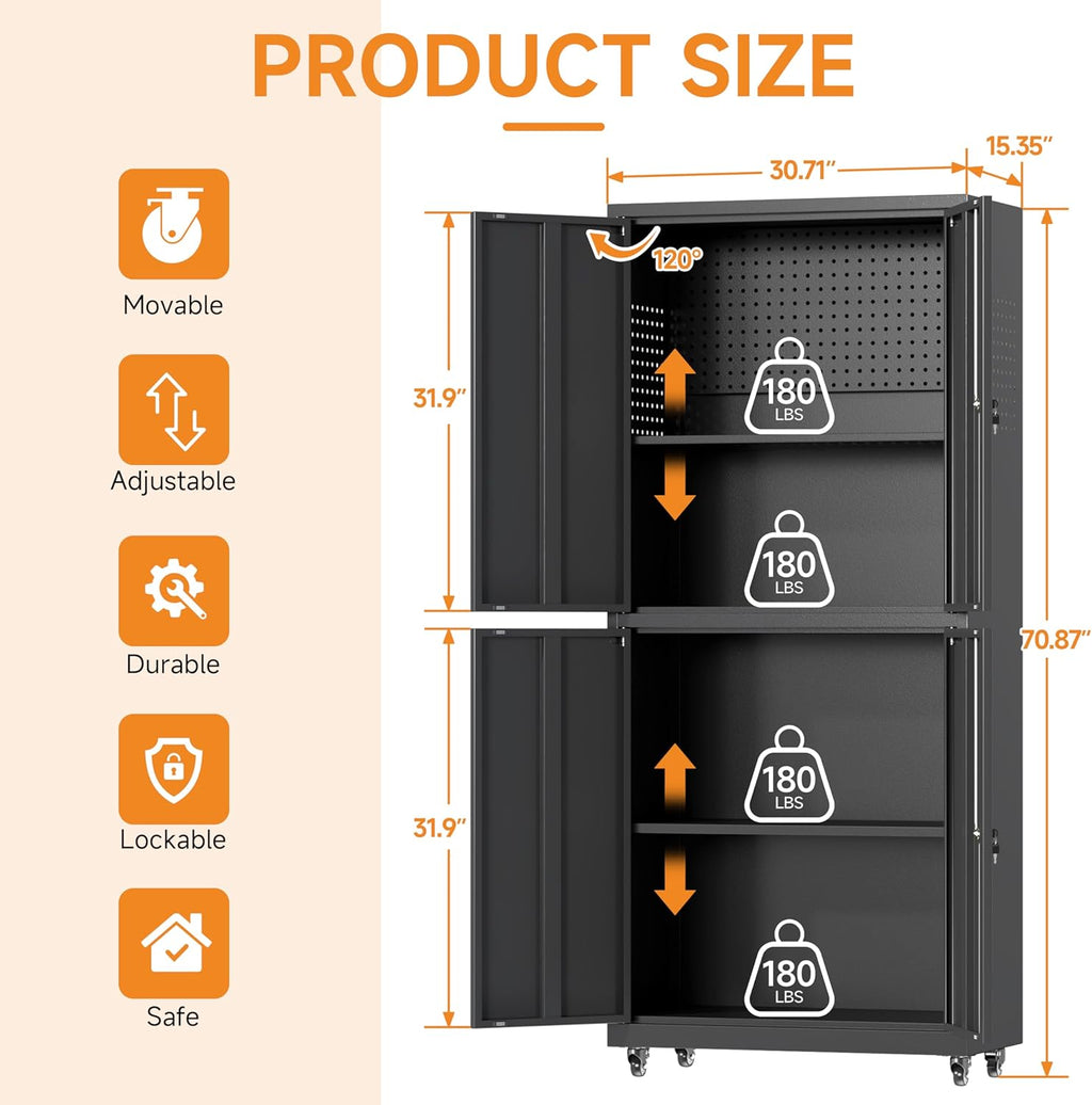 71" H Metal Tool Storage Cabinet with Lock and Wheels, Heavy Duty Garage Cabinet with 4 Doors and 2 Adjustable Shelves, Tool Organizer with Pegboard for Garage, Warehouse(Black, 71" H)