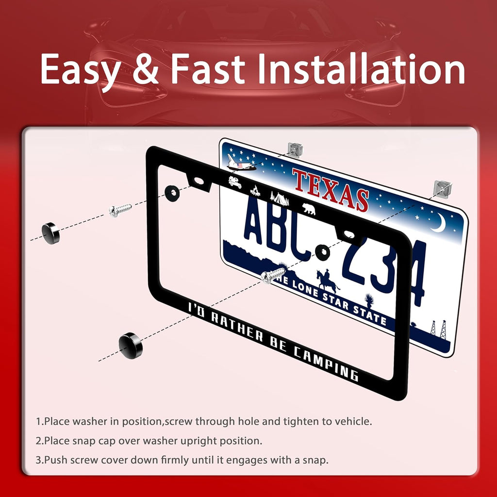 I'D Rather Be Camping License Plate Frame Funny Camper License Plate Frames Stainless Steel Accessories Cars Decor With 2 Holes And Screws Fits Standard Us Ca Vehicles License Plate Holder 12.2 X 6 In