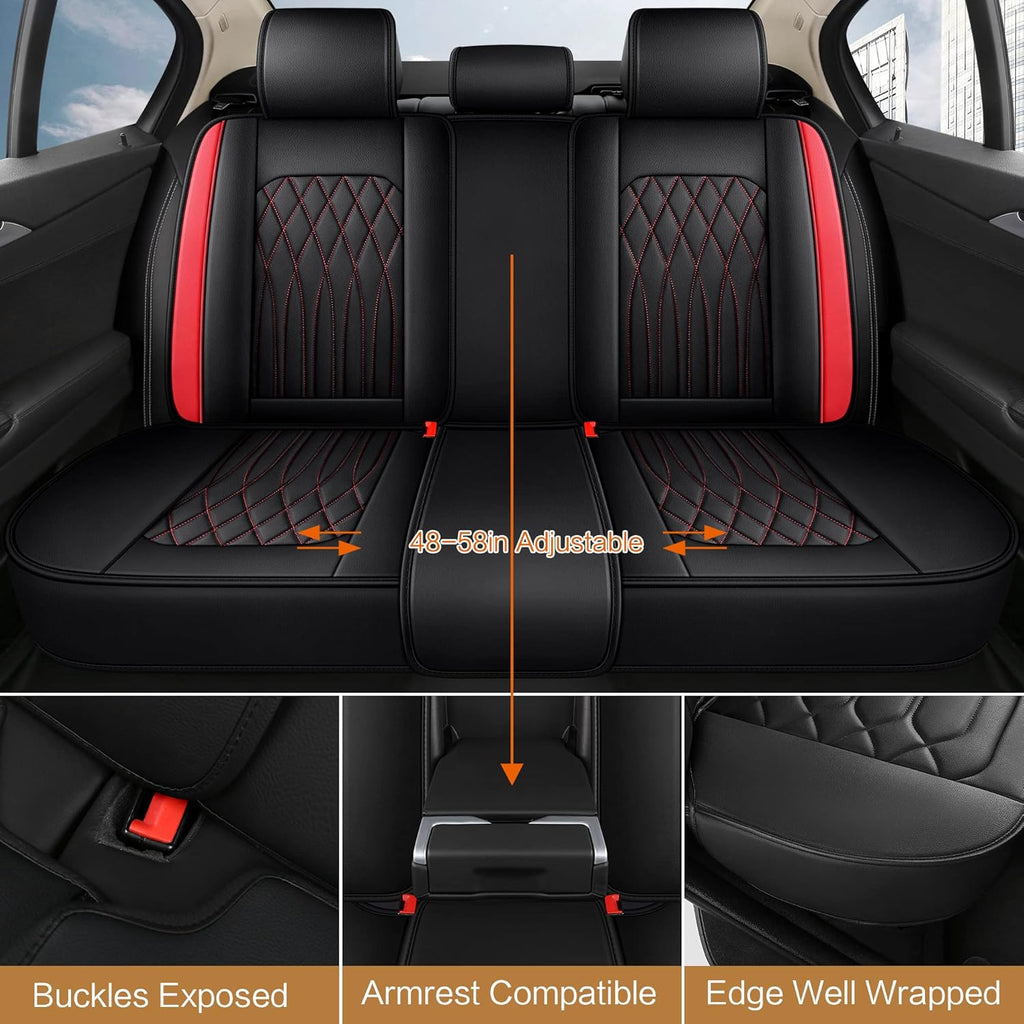 Pariitadin Leather Car Seat Covers Full Pair, Waterproof Faux Leather Seat Covers for Cars, Non-Slip Car Interior Covers Universal Fit for Most Cars Sedans Trucks SUVs, Black/Red Line