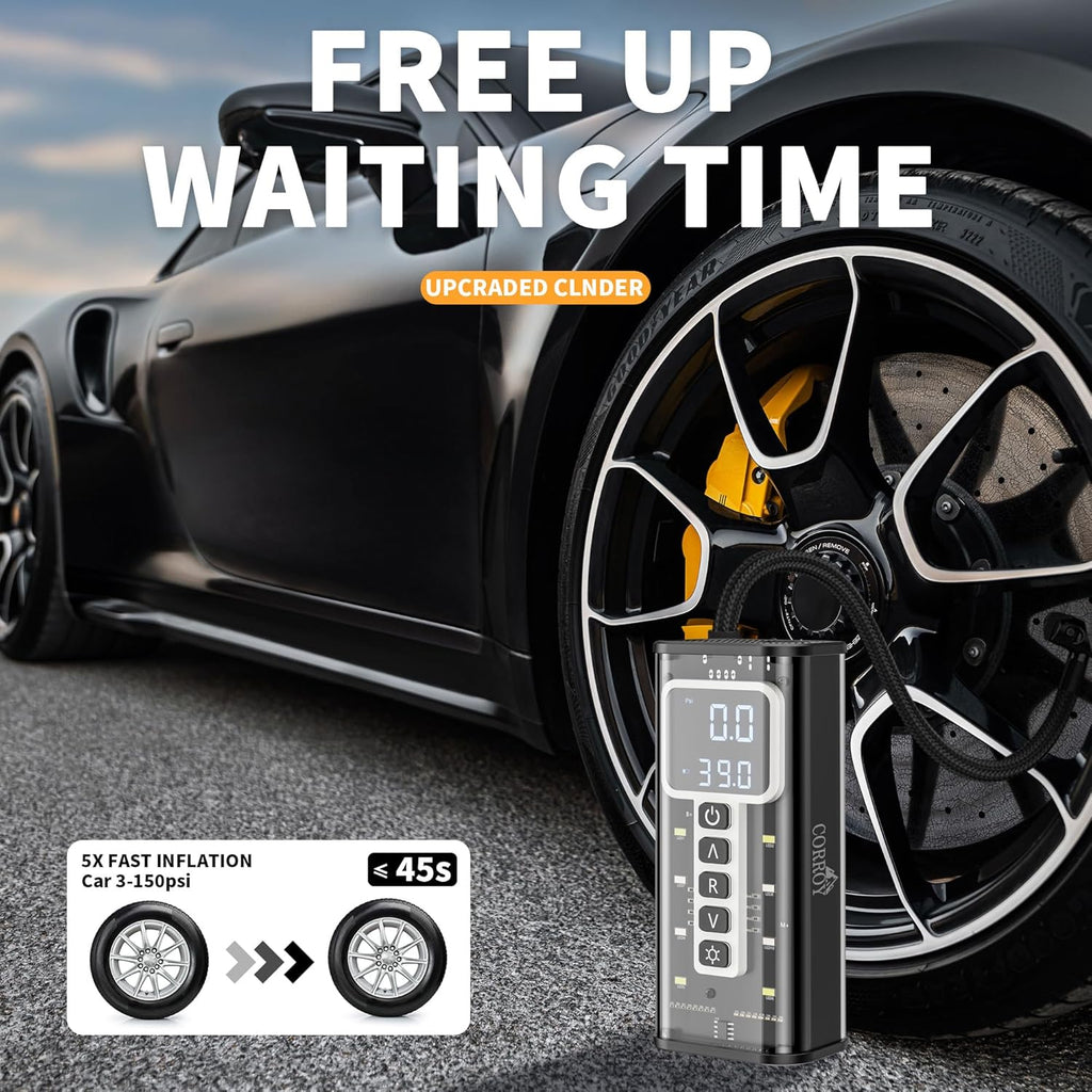 Tire Inflator Portable Air Compressor – 20000mAh Battery, 150PSI Cordless Bike Pump, Dual 12V DC Power, Tire Pressure Gauge, Air Pump for Fast 5X Inflation for Cars, SUVs, Bikes & Balls