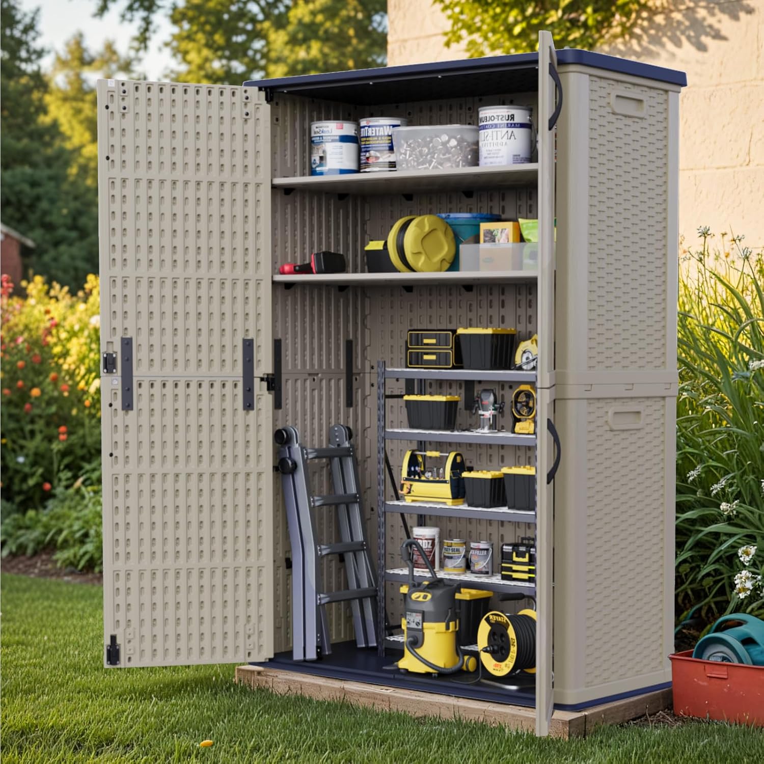 Patiowell Shelf of Plastic Outdoor Storage Cabinet, 26/50 Cu Ft Lockable Outdoor Storage Shed Waterproof Patio Tools Storage Box (2 Shelves),Beige