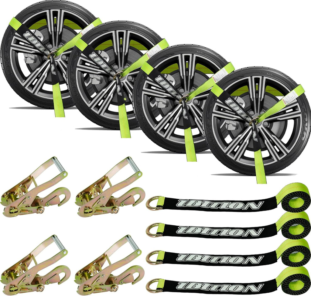 4 Pack Car Tie Down Straps for Trailers - 2" x 96" - 3,300 lbs Safe Working Load -Adjustable Wheel Straps for Hauling Cars.Green