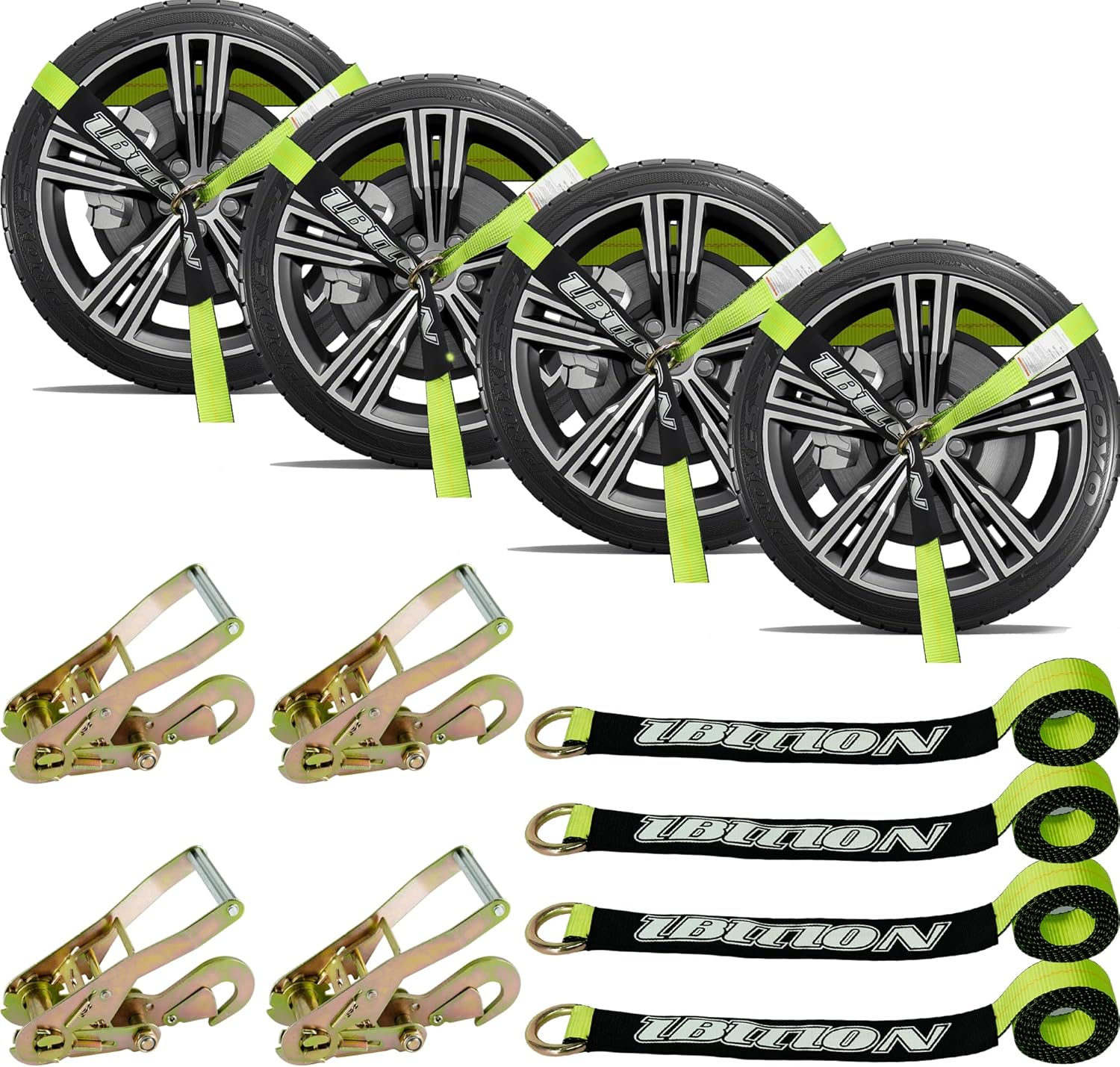 4 Pack Car Tie Down Straps for Trailers - 2" x 96" - 3,300 lbs Safe Working Load -Adjustable Wheel Straps for Hauling Cars.Green
