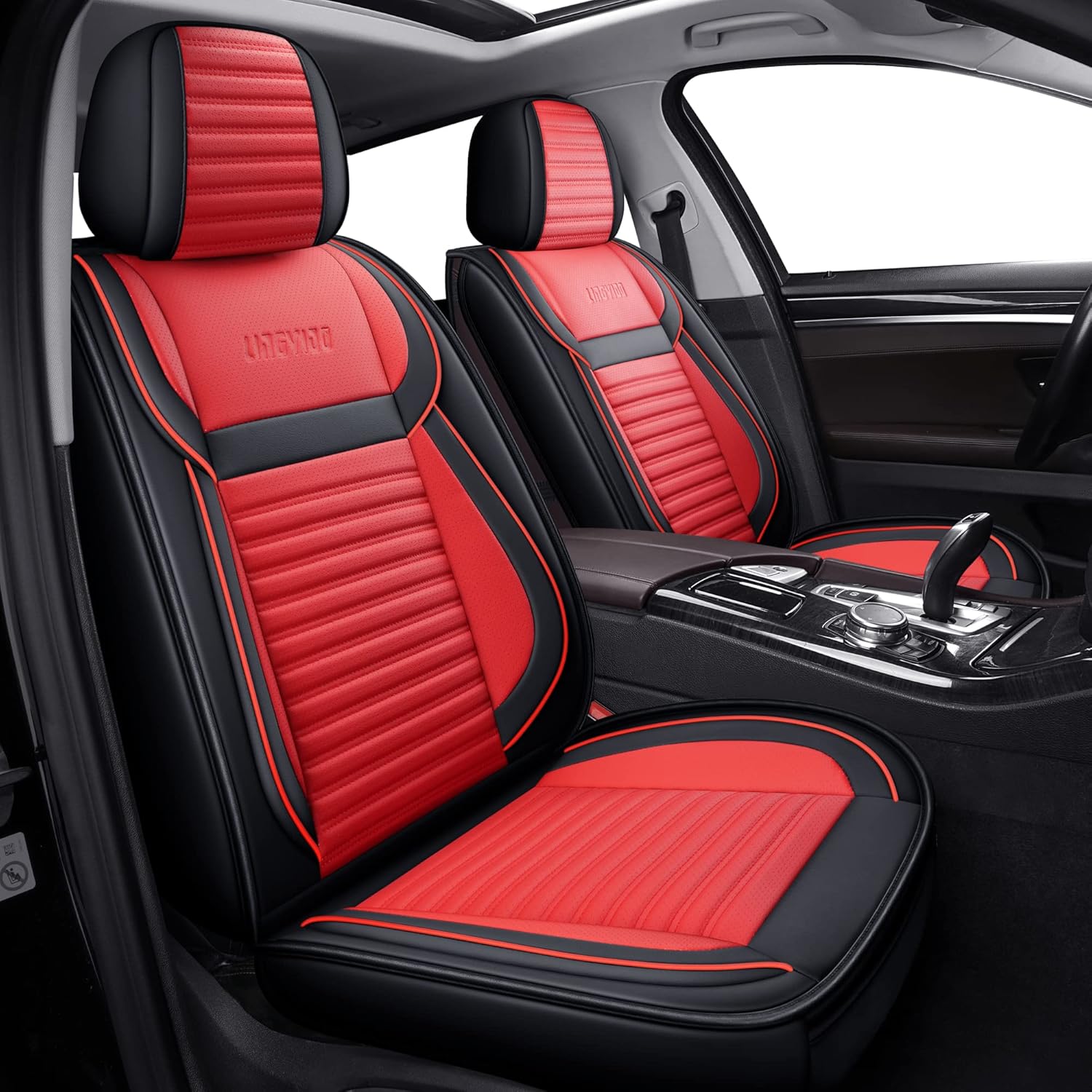 LINGVIDO Car Seat Covers, Breathable and Waterproof Faux Leather Automotive Seat Covers for Cars SUV Truck Sedan,Universal Anti-Slip Seat Cover with Backrest (Front Seat, Red+Black)