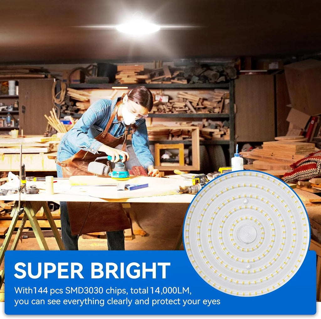 Led High Bay Light 100W, 14000lm 5000K UFO Bay Lighting with US Plug 5' Cable, 120V, IP65 Waterproof Commercial Lights Fixture for Workshop Factory Barn Garage, 4 Pack