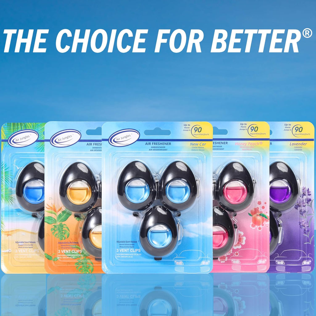 Air Jungles Car Air Freshener Vent Clip 3 Count, New Car Scent, 4 ml Each, Long-Lasting Car Odor Eliminator, Easy Clip-On, Up to 90 Days Freshness for Cars, Trucks, and SUVs