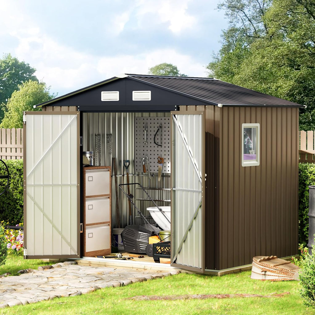 8X6FT Outdoor Steel Storage Shed with Lockable Doors, Frame Floor (No Wood/Other Boards),One Big Window,Ideal for Garden, Backyard, Patio Storage,Brown