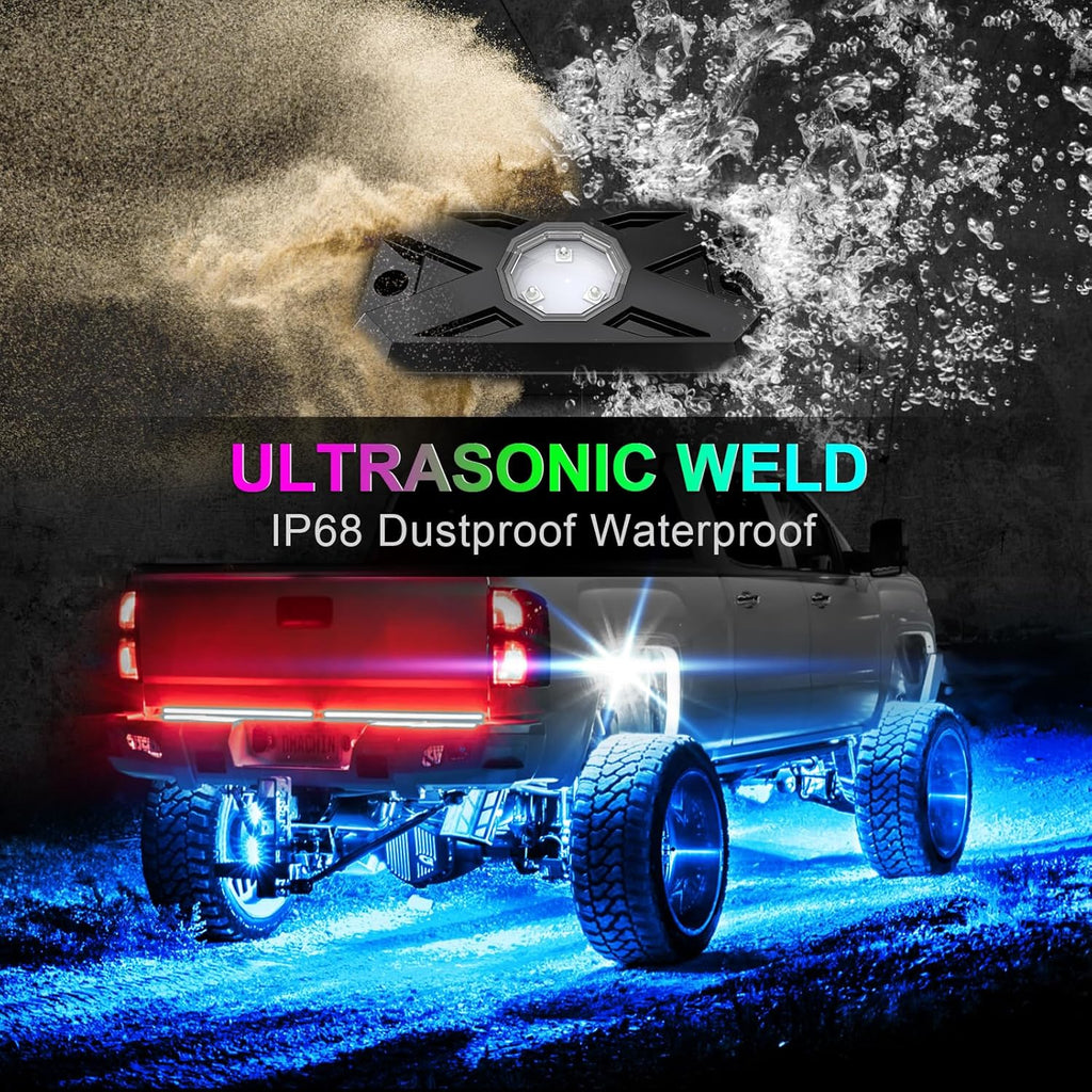 YiLaie RGB LED Rock Lights Kit 4 Pods, Upgraded Underglow Multicolor LED Light Pod with APP/RF Remote Control, Flashing Music Mode, Waterproof Multicolor Rock Lights for Trucks ATV UTV RZR SUV