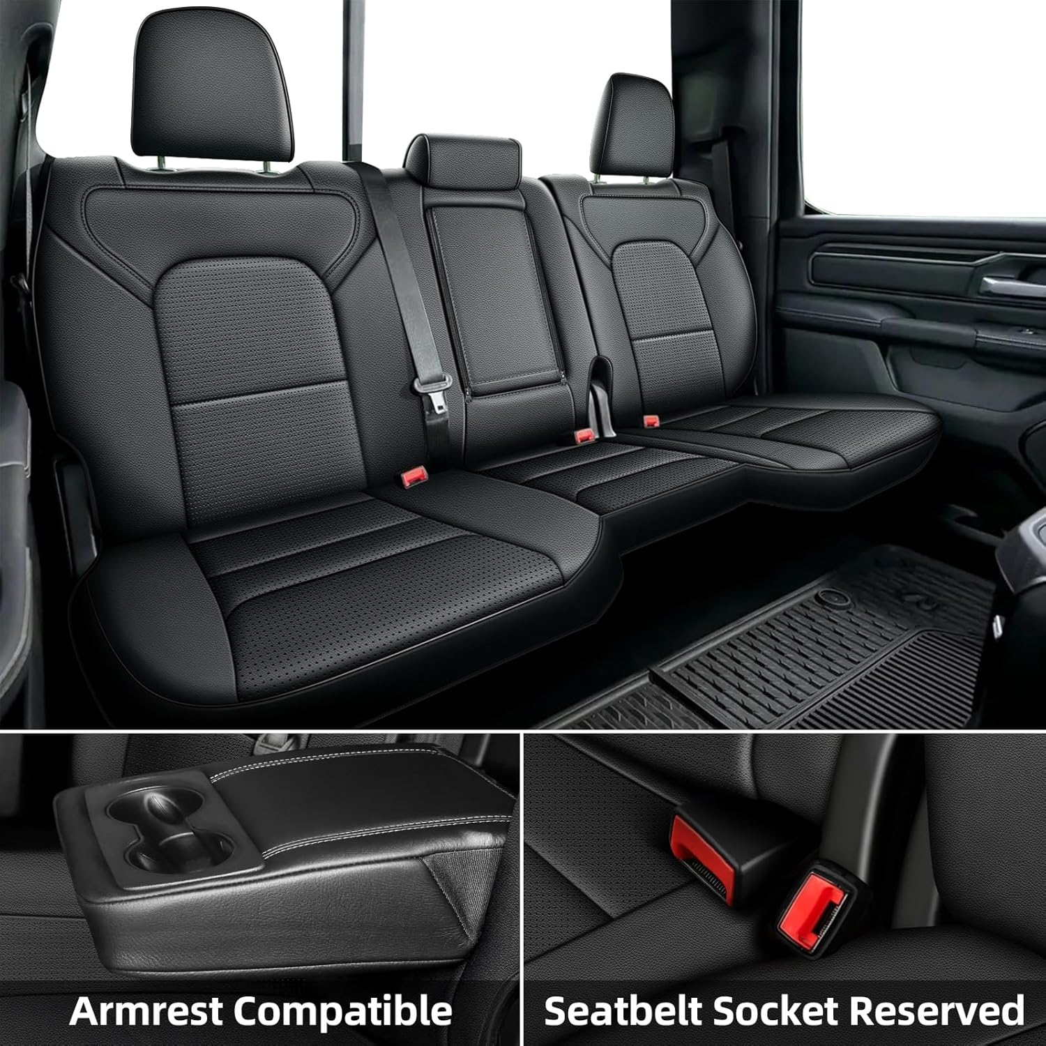 AOMSAZTO Custom Fit Seat Covers for Ram 2500 (2019-2025) Premium Faux Leather Car Seat Covers Full Set Black Waterproof Protection