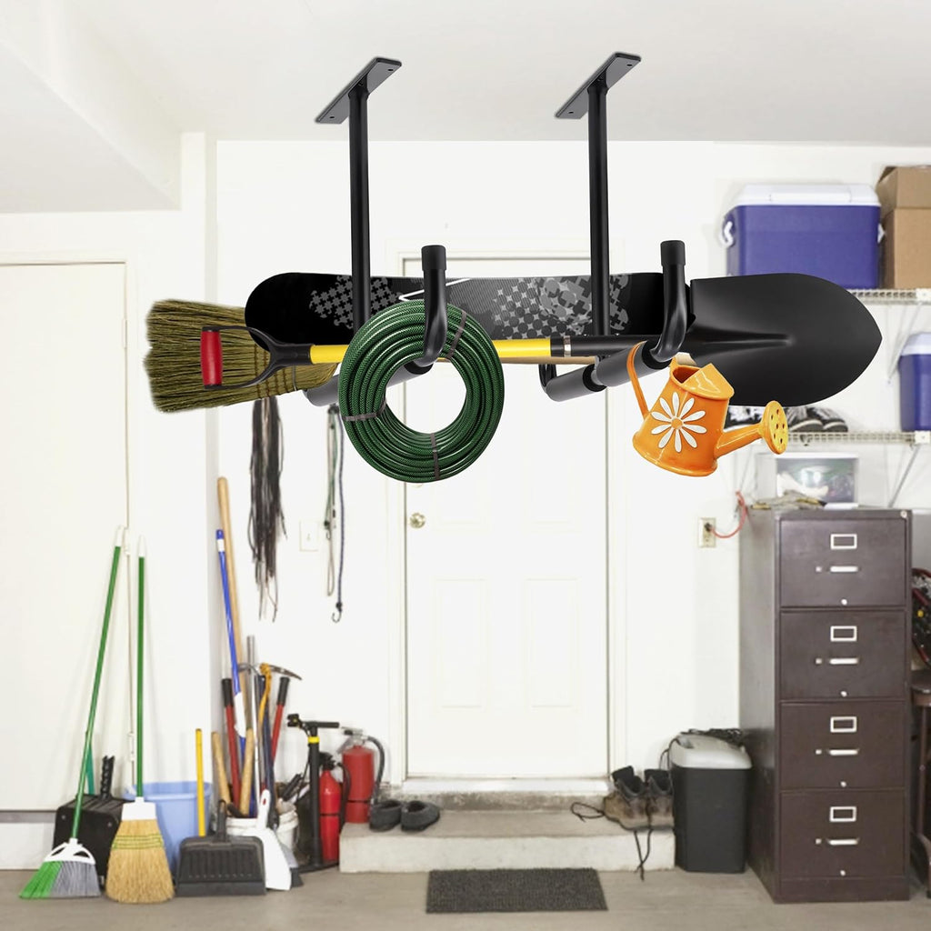 Sinoer Garage Storage Hooks Rack Ceiling,Wall Mounted Hooks, Heavy Duty Utility Hanger for Ladder,Hose Pipe,Wood, Tools & Other Bulky Items (2 Pack, Black)