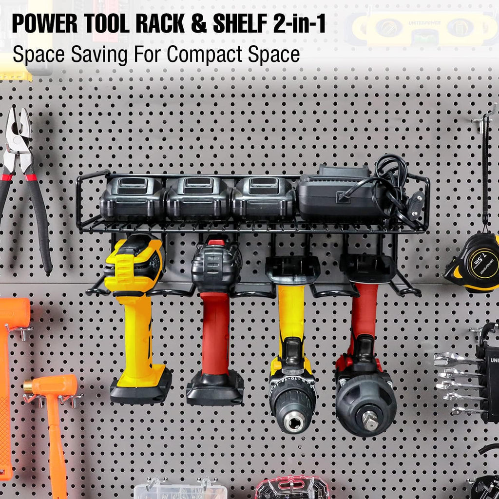 UNITEDPOWER Wall Mounted Power Tool Organizer Holder, Heavy Duty Utility Storage Rack With Shelf for Battery Powered Hand Tools, Workshop, Shed, Garage, Home