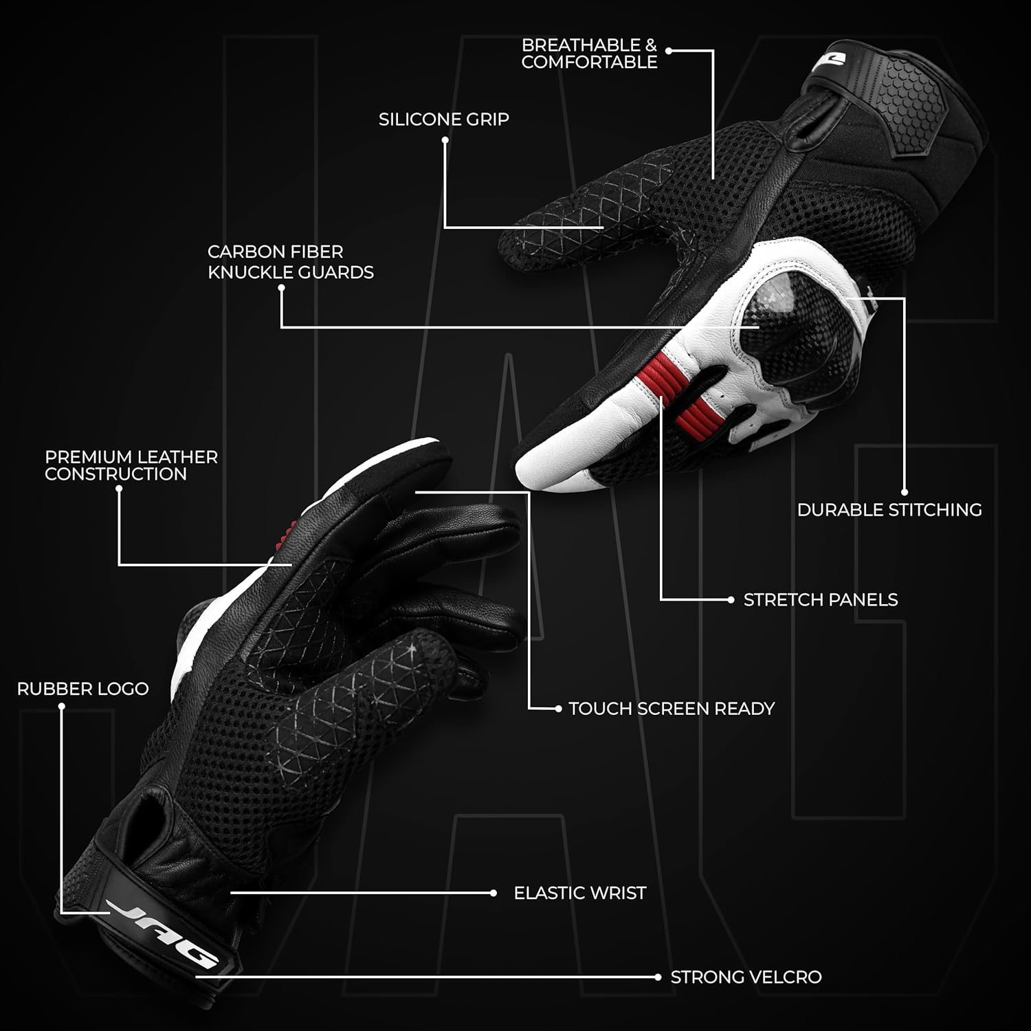 J.A.G. Leather Motorcycle Gloves for Men - Carbon Fiber Knuckle Protection, Motorbike Powersports, Dirt Bike, Touchscreen Gloves for Men and Women, Guantes para Moto.