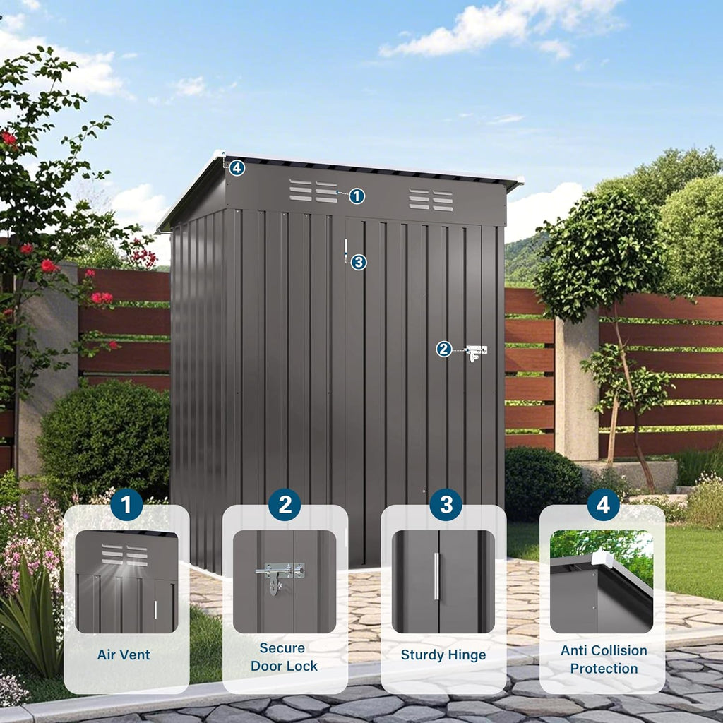 ARMSET 5x3 FT Metal Outdoor Storage Shed for Patio & Balcony - Waterproof Small Shed for Garden Storage, Lockable Vertical Tool Shed Cabinet for Backyard, Bike Parts & Everyday Sundries