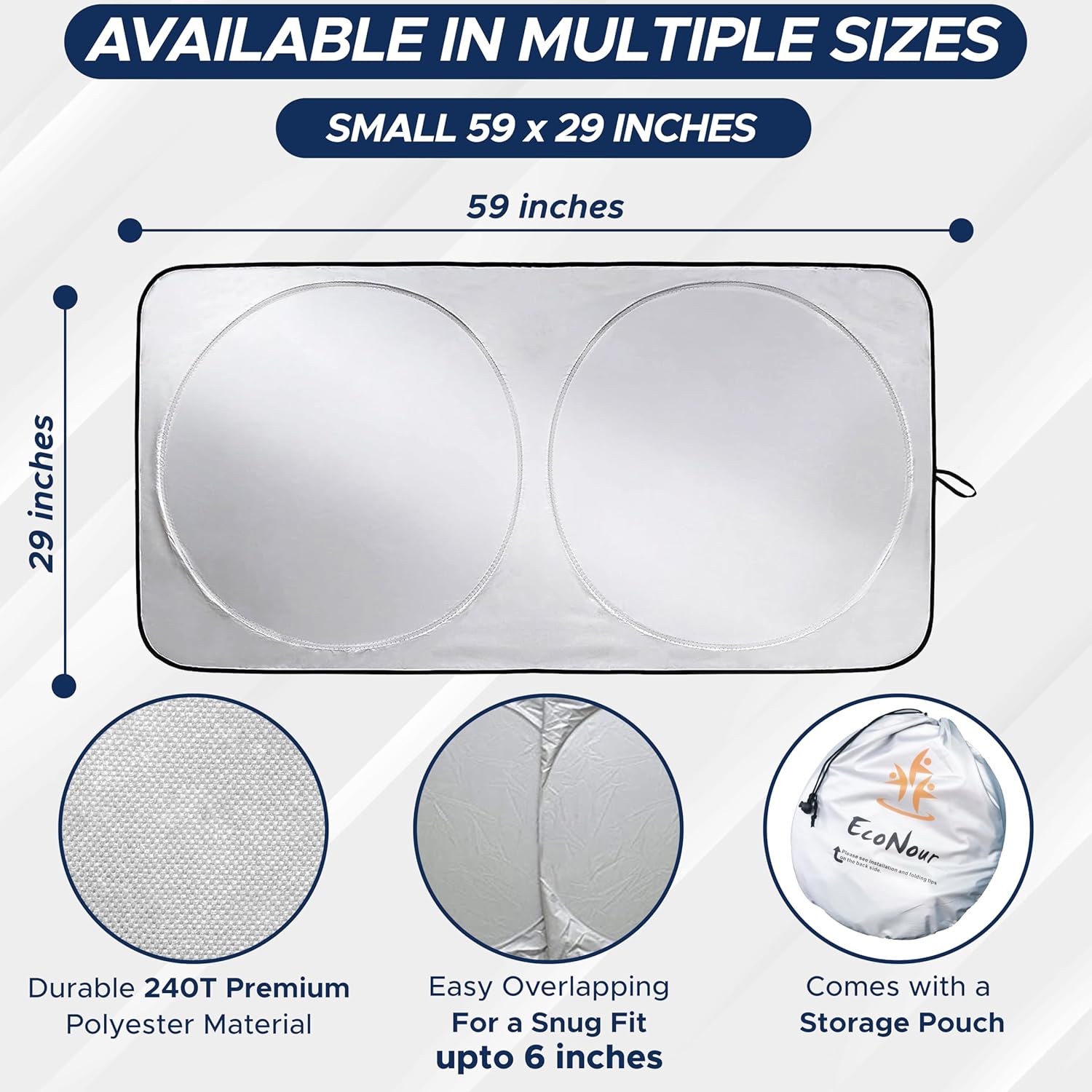 EcoNour Car Windshield Sun Shade | 2025 Upgraded Innovative No-Light-Pass Technology for Maximum Coverage | Foldable Sun Shade Keeps Your Vehicle Cool | Must-Have Car Accessories | Small (59" x 29")