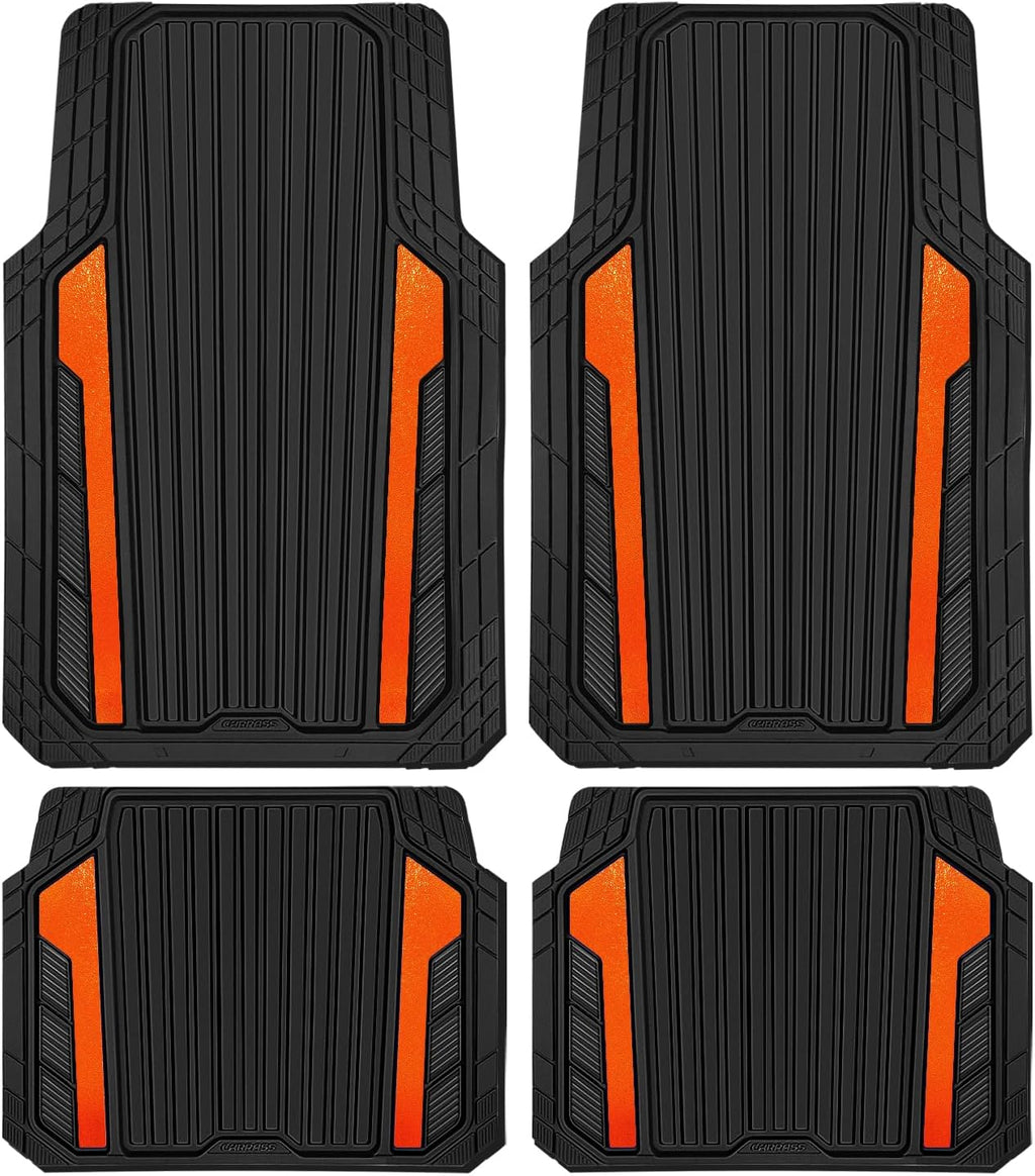 CAR PASS Heavy Duty Rubber Car Mats Metallic, Aluminum Film All Weather Floor Mats Waterproof Universal Trim to Fit SUVs Sedans Vans 4 Piece Anodized Deep Dish Two-Tone Sporty Black Orange Chrome