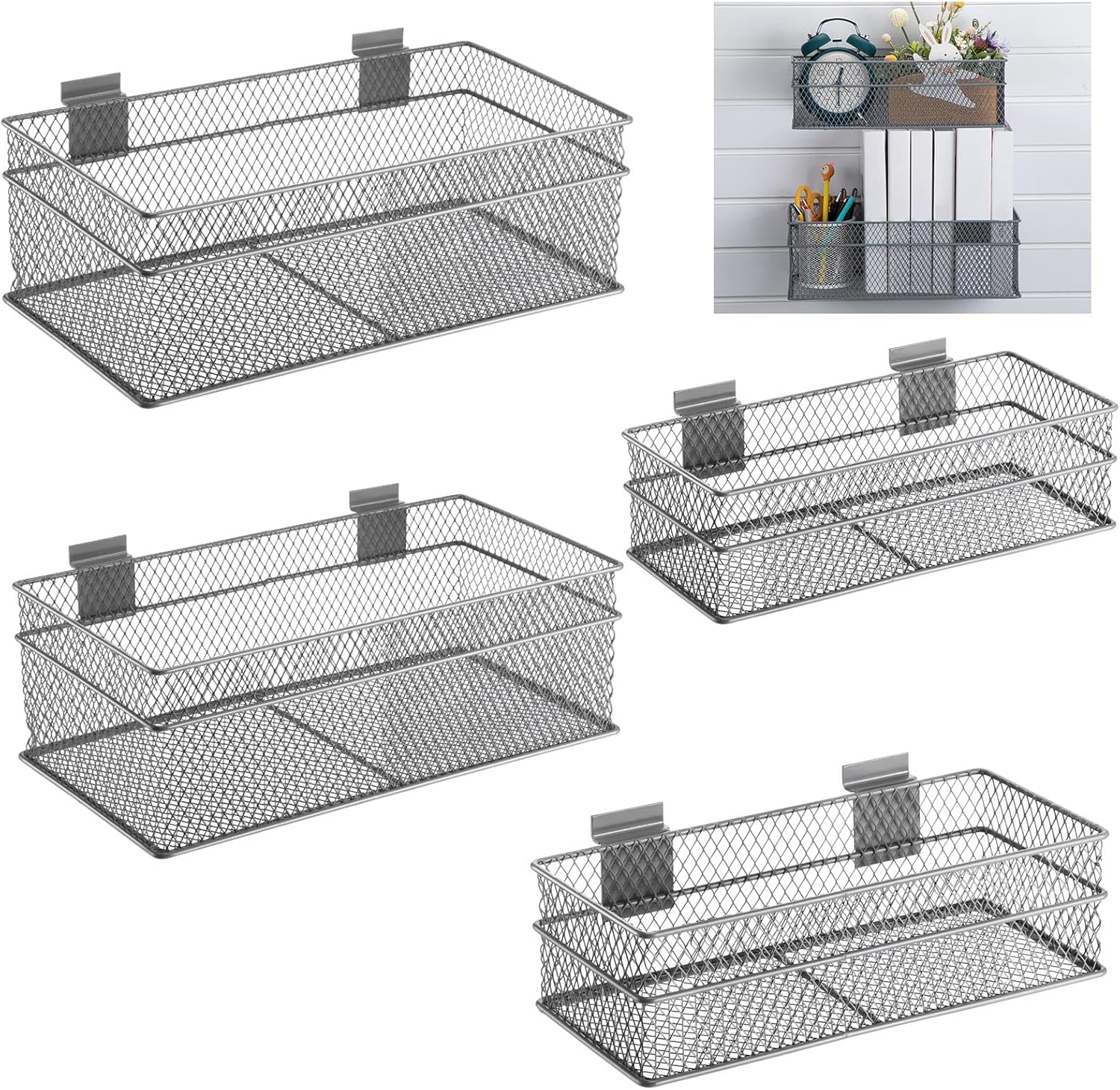 Barydat 4 Pcs Slatwall Basket Set Ventilated Metal Slatwall Basket Hanging Wire Bins Wall Mounted Accessories for Panel Garage Storage Display Organizing(Multi Size,Gray)