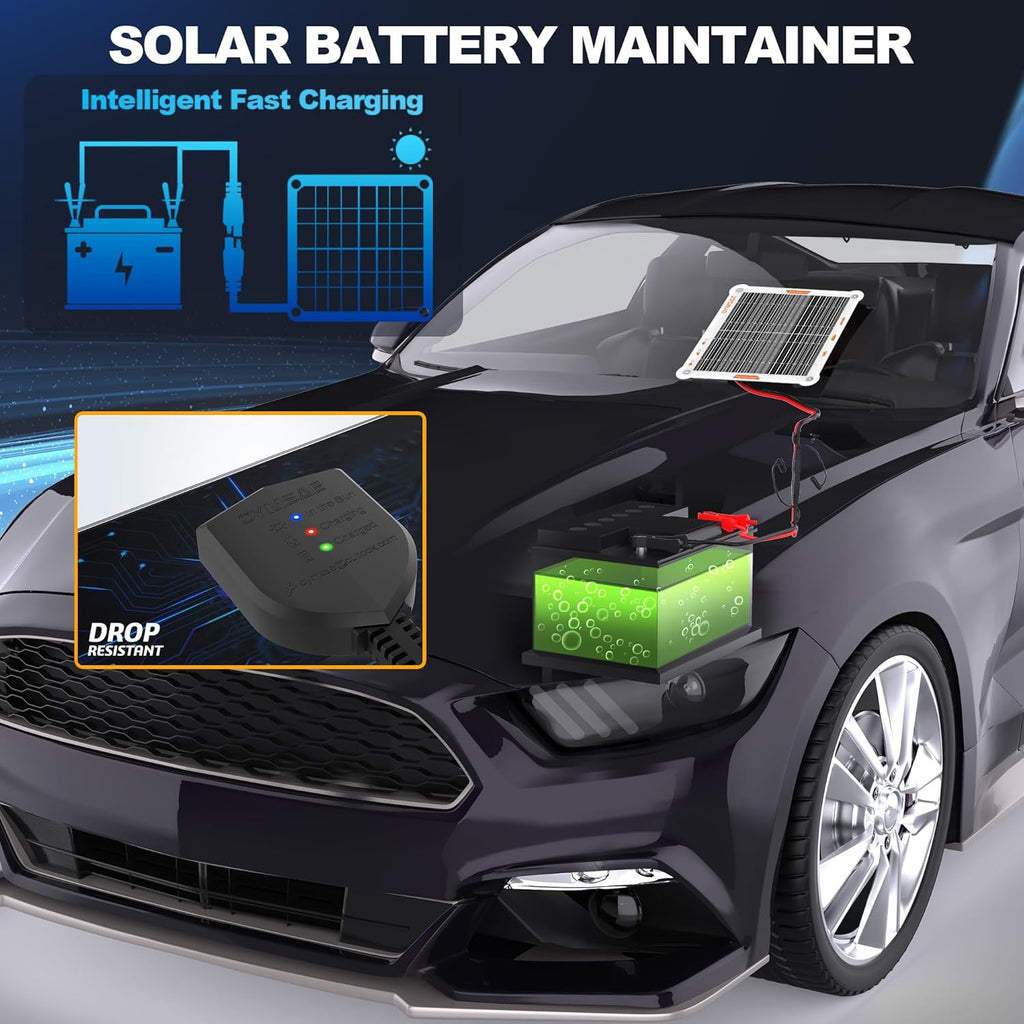 OYMSAE 5W 12V Solar Car Battery Charger Portable Waterproof Solar Power Battery Charger & maintainer with Trickle Cigarette Lighter Plug & Alligator Clip