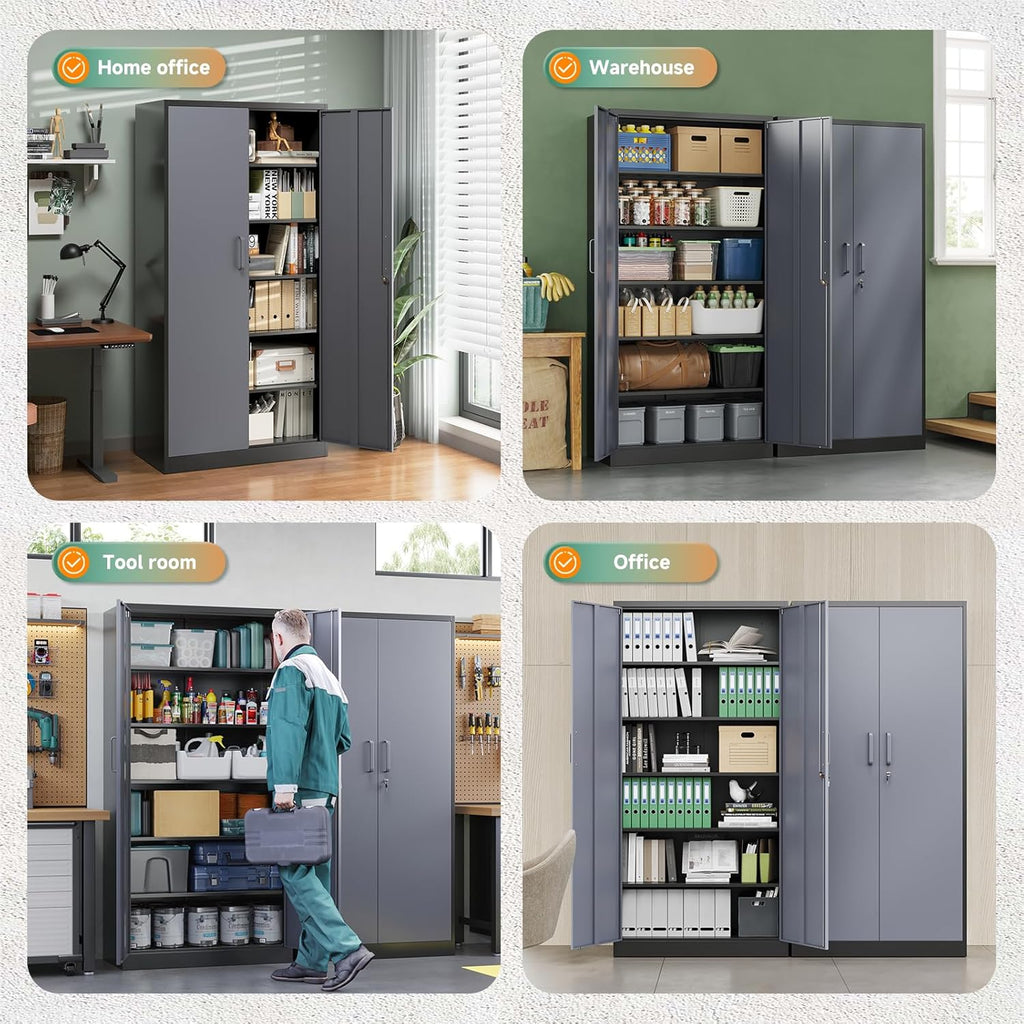 Letaya Metal Storage Cabinet with Lock Door and 5 Shelves,6 Tier Steel Garage Tool Cabinet for Home Office Utility Room 72" H X 36" W X18 D (Black Gray)