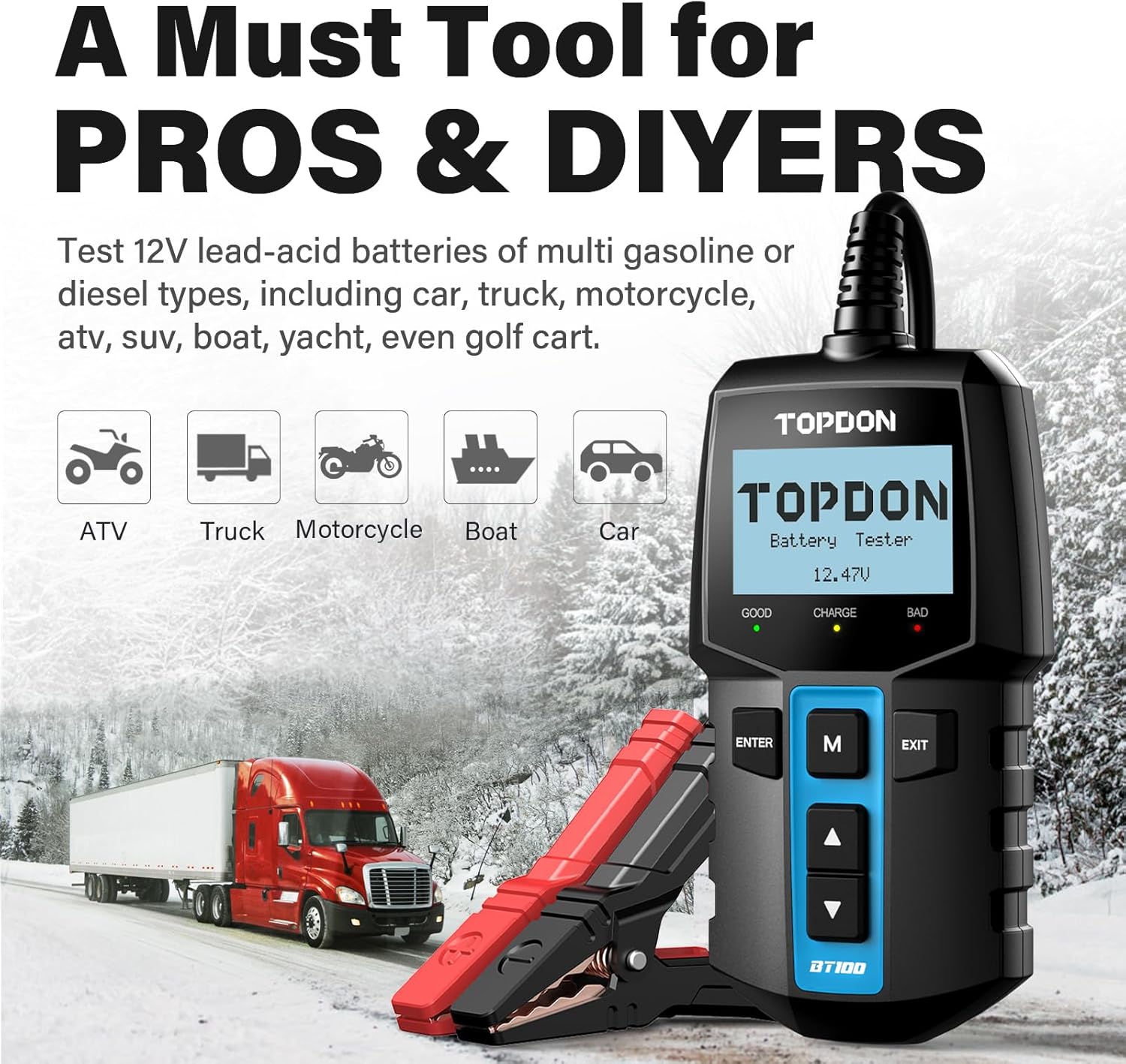 TOPDON BT100 Car Battery Tester 12V Load Tester, 100-2000 CCA Automotive Alternator Tester Digital Auto Battery Analyzer Charging Cranking System Tester for Car Truck Motorcycle ATV SUV Boat Yacht