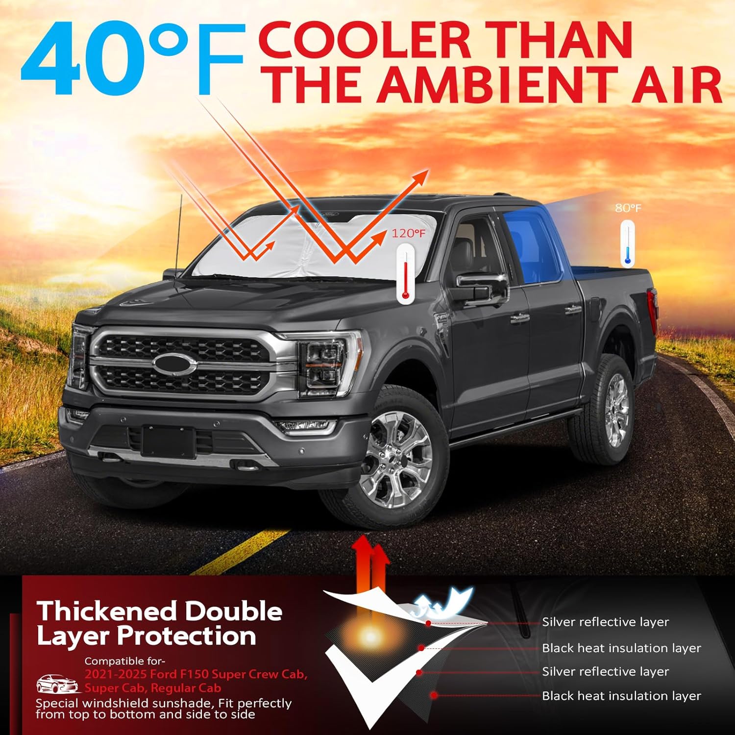 KAYZT Windshield Sun Shade for Ford F150 2021-2025 Super Crew Cab, Super Cab, Regular Cab Foldable Sunshade Front Window Custom Fit Accessories