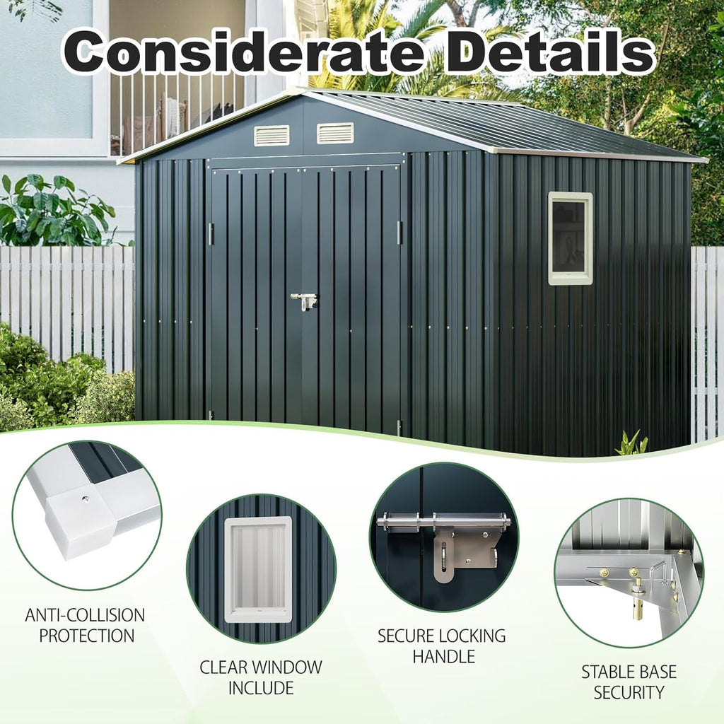 8x6FT Outdoor Steel Storage Shed with Clear Window, Lockable Doors, Weather-Resistant Metal Tool Shed for Garden, Backyard, Patio, and Utility Storage