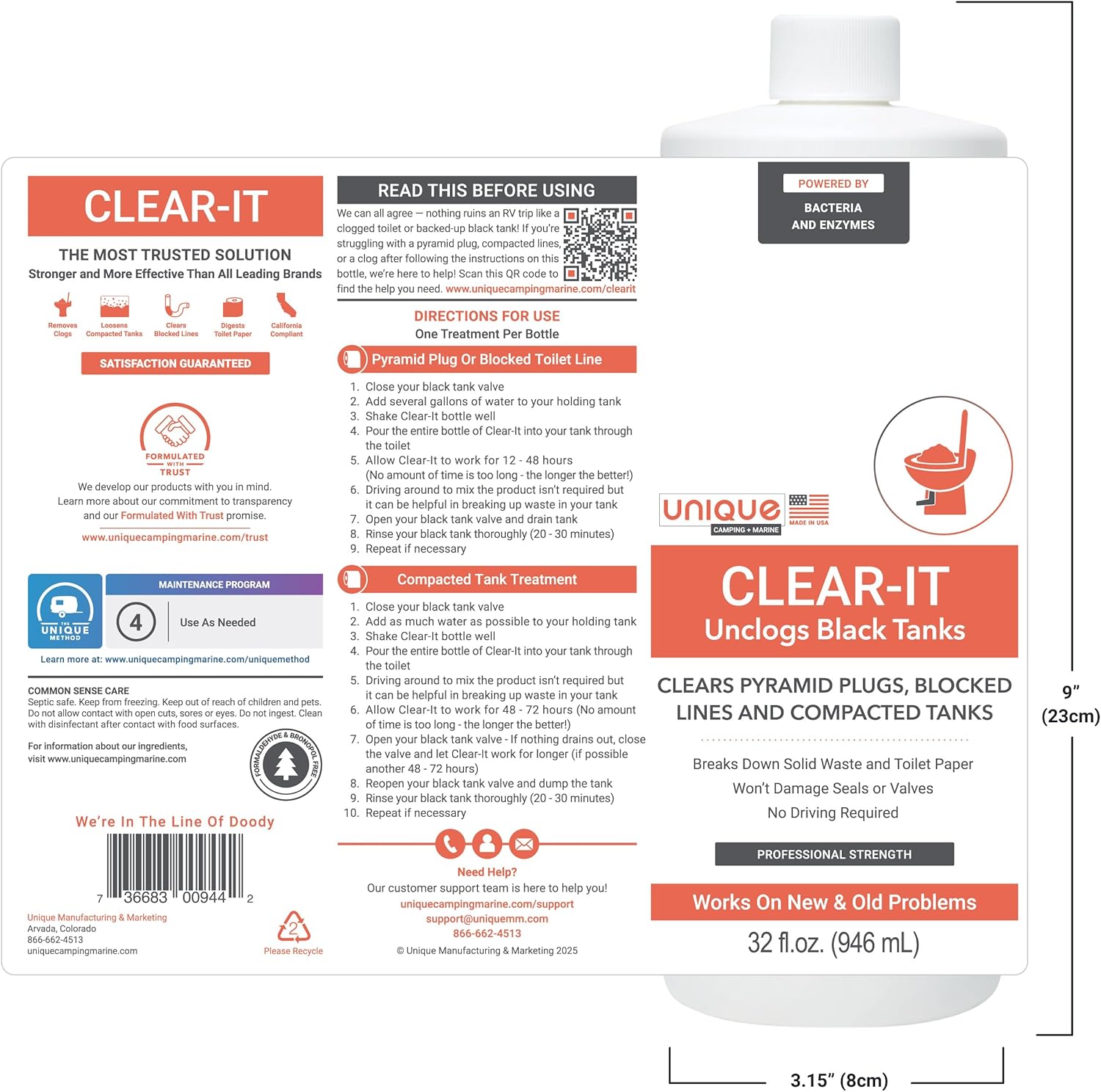 Unique Clear-It RV Black Tank Unclogger Liquid - Breaks Through Pyramid Plugs, Compacted Tanks, and Clogged Pipes 32 oz (2-Pack)