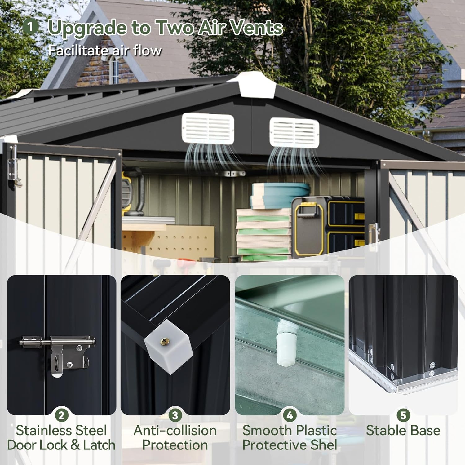 Aoxun 6x3.9 FT Shed with Base Metal Outdoor Storage Shed Garden Shed with Lockable Doors Tool Shed Bike Shed for Backyard, Patio, Poolside (Black)