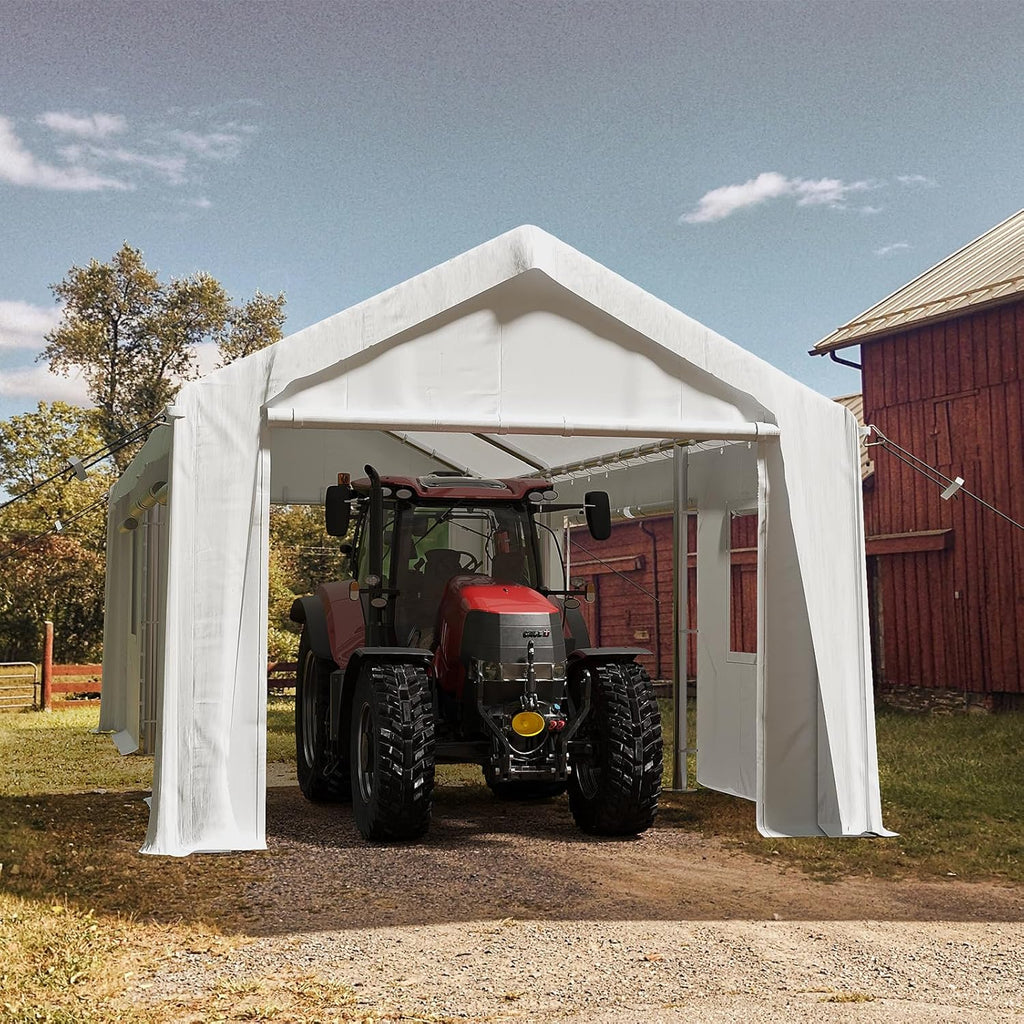 12x20ft Heavy Duty Carport Outdoor Canopy Portable Garage with 4 Doors & 4 Windows Waterproof UV Resistant Storage Shelter with Removable Sidewalls for Car Truck Boat, White