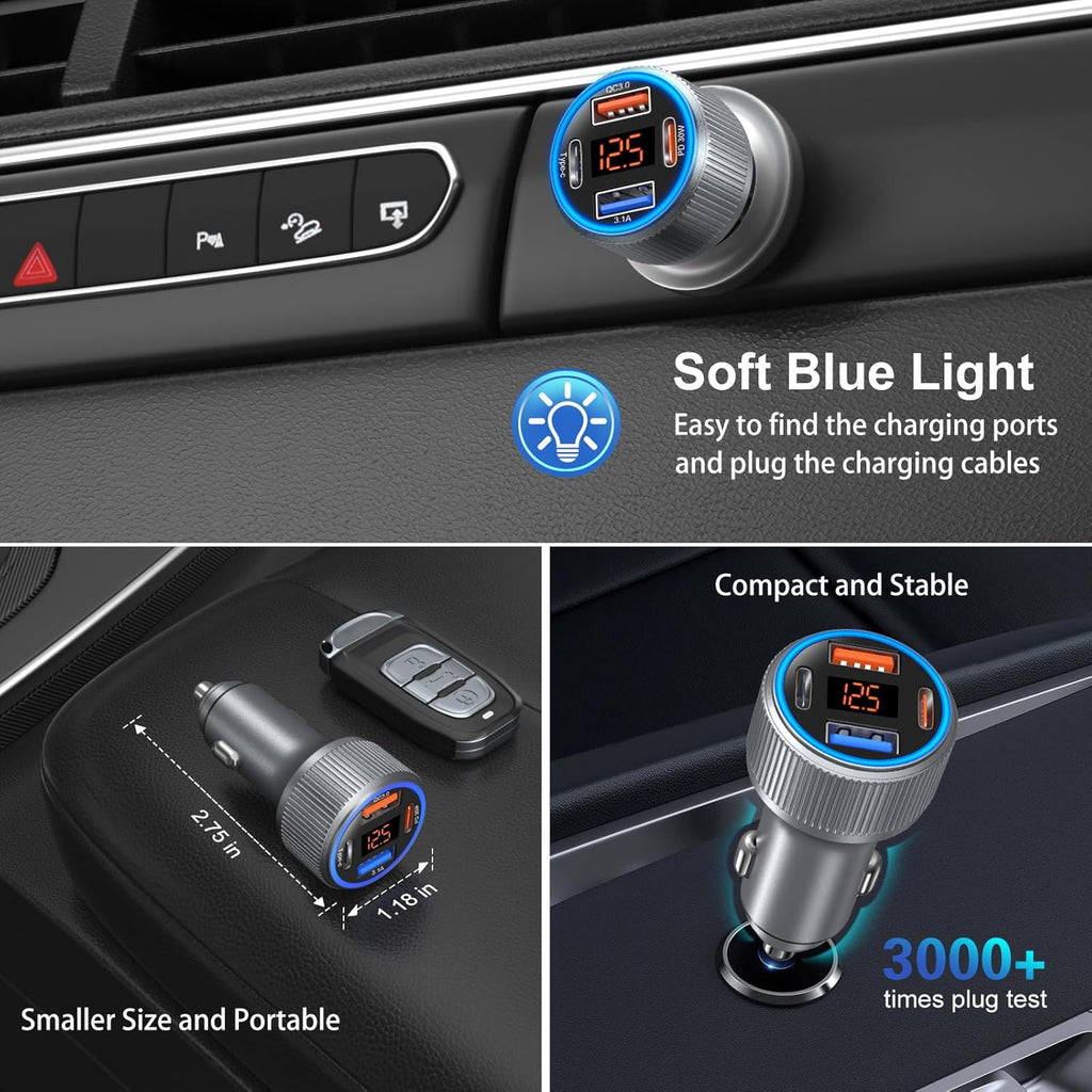 Car Charger USB C, 65W Multi Port Dual 12V Cigarette Lighter USB Car Charger Adapter with Voltage Display PD/QC 3.0 Super Fast Charge Car Phone Charger for iPhone 16 15 14 13 12 Pro Max Plus(Gray)