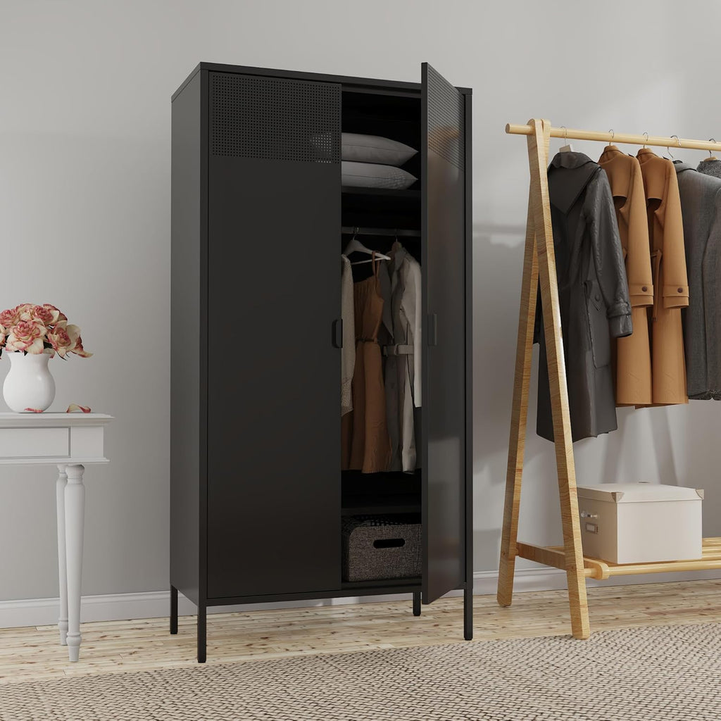 Metal Storage Cabinets Locker with Hanging Rod and Adjustable Shelves, 71'' Clothing Steel Storage Wardrobe for Home & Office, School, Employee,Gym(Black, 71''H-Wardrobe)
