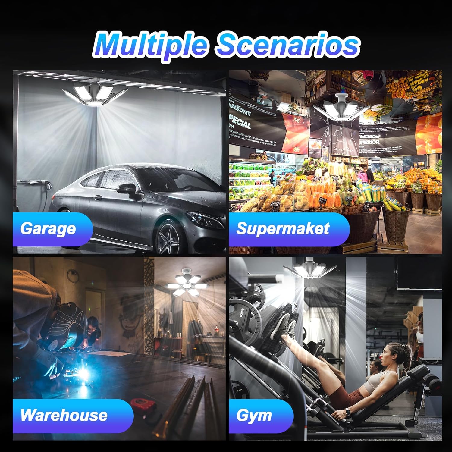 8 Pack 220W Garage Light Ceiling Led Deformable LED Shop Lights for Workshop E26 E27 Screw in Garage