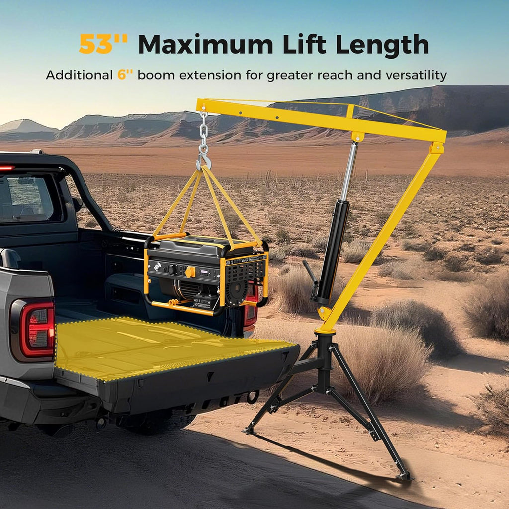 1000lbs Receiver Hitch Mounted Hydraulic 360° Swivel Truck Crane with 3 Boom Capacity Options: 500lbs, 750lbs, 1000lbs. Ideal for Workshops, Construction, Agriculture, and Logging