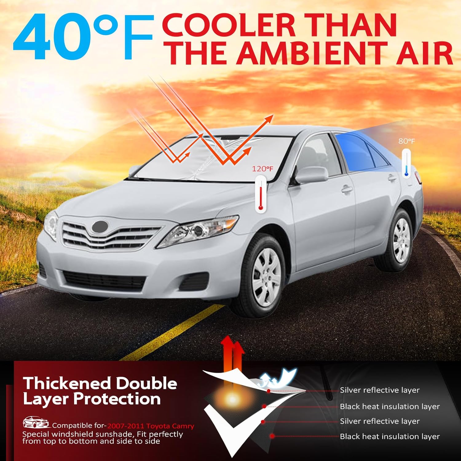 KAYZT Windshield Sun Shade for 2007-2011 Toyota Camry Foldable Sunshade Front Window Custom Fit Car Accessories