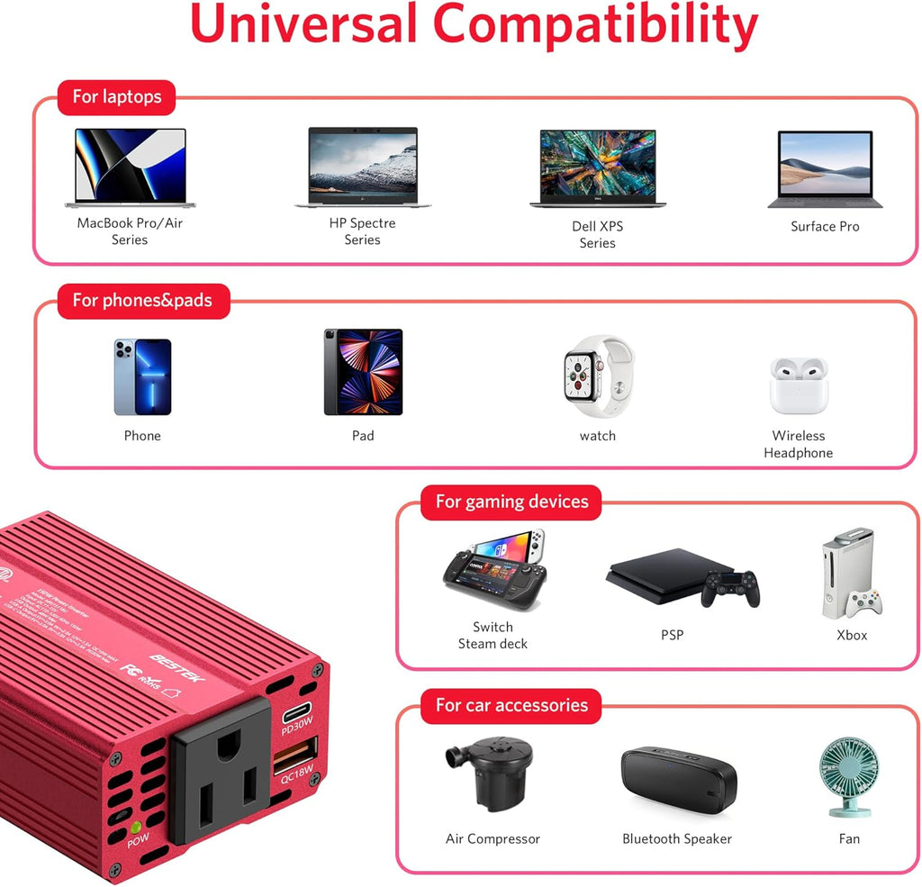 BESTEK [PD 30W&QC 3.0 18W USB Charger] 150W Car Power Inverter, DC 12V to 110V AC Converter Laptop Car Charger Outlet Adapter for car