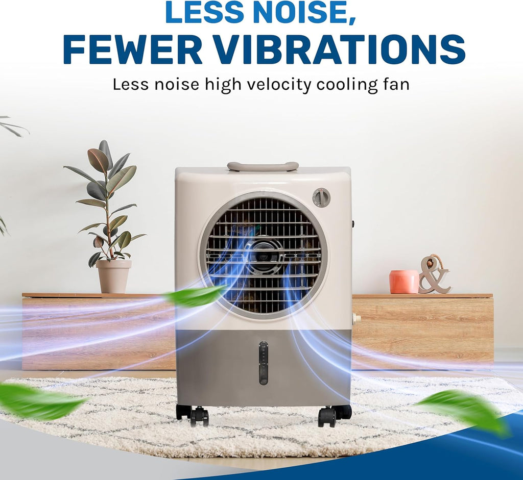 Portable Swamp Coolers - 1300 CFM MC18M Evaporative Air Cooler with 2-Speed Fan, 53.4 dB - 500 sq. ft. Coverage Evaporative Air Cooler Portable High Velocity Outdoor Cooling Fan by Hessaire - White