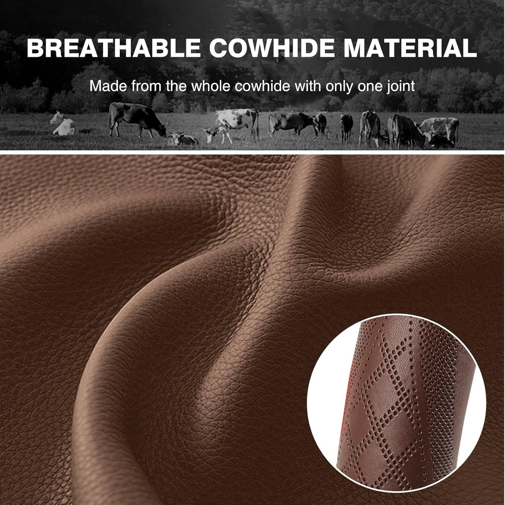 【2025 Model】 High-Grade Real Cowhide Steering Wheel Cover for Men Women，Brown Genuine Leather Steering Wheel Cover for Cars,Universal 14.5-15 inch Steering Wheels,Grid & Square Motif
